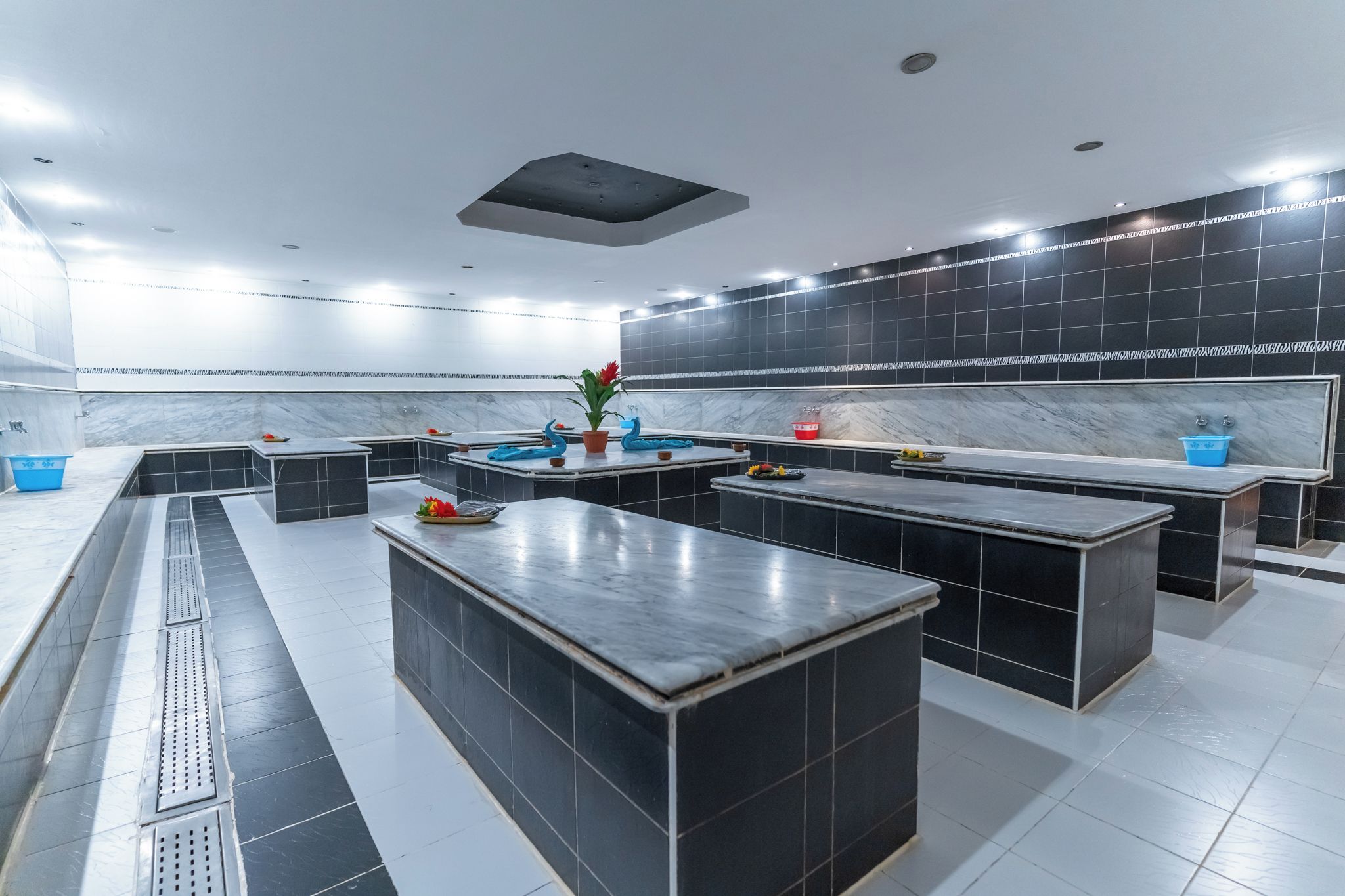 Una cocina moderna con paredes de baldosas blancas y negras, varias estaciones de trabajo y una isla central con una planta.