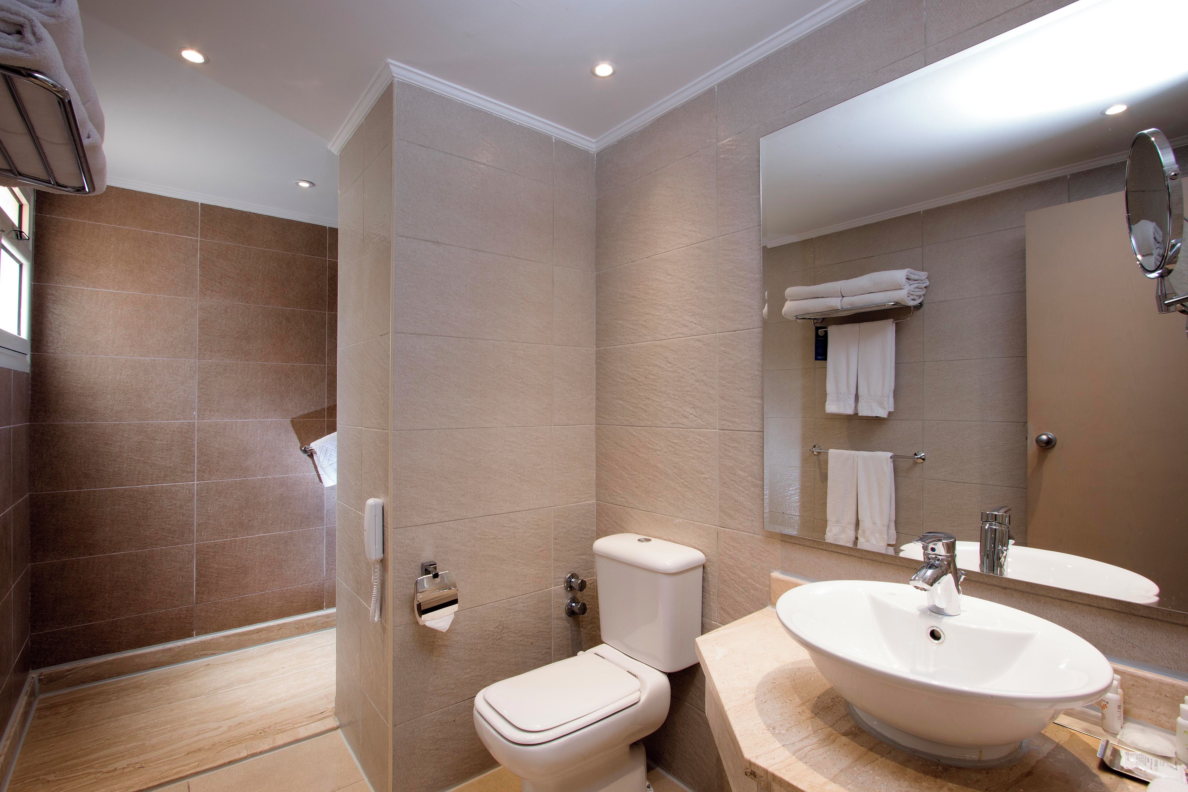 A modern bathroom with a walk-in shower, a toilet, and a sink with a large mirror above it.