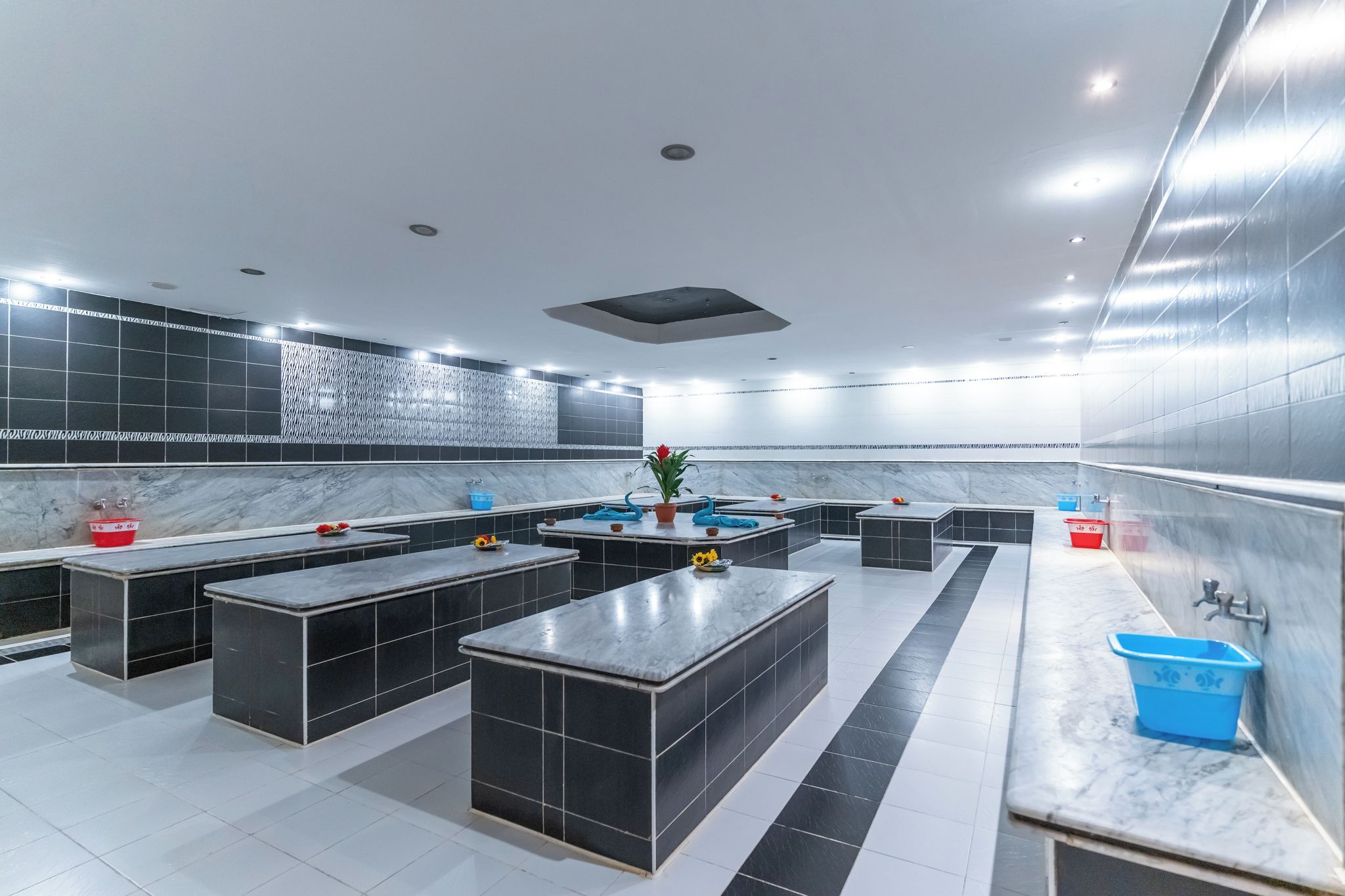 Un baño moderno con varios lavamanos, un espejo grande y una planta decorativa.