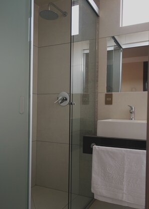 Suite Deluxe | Baño | Regadera y amenidades de baño gratuitas 