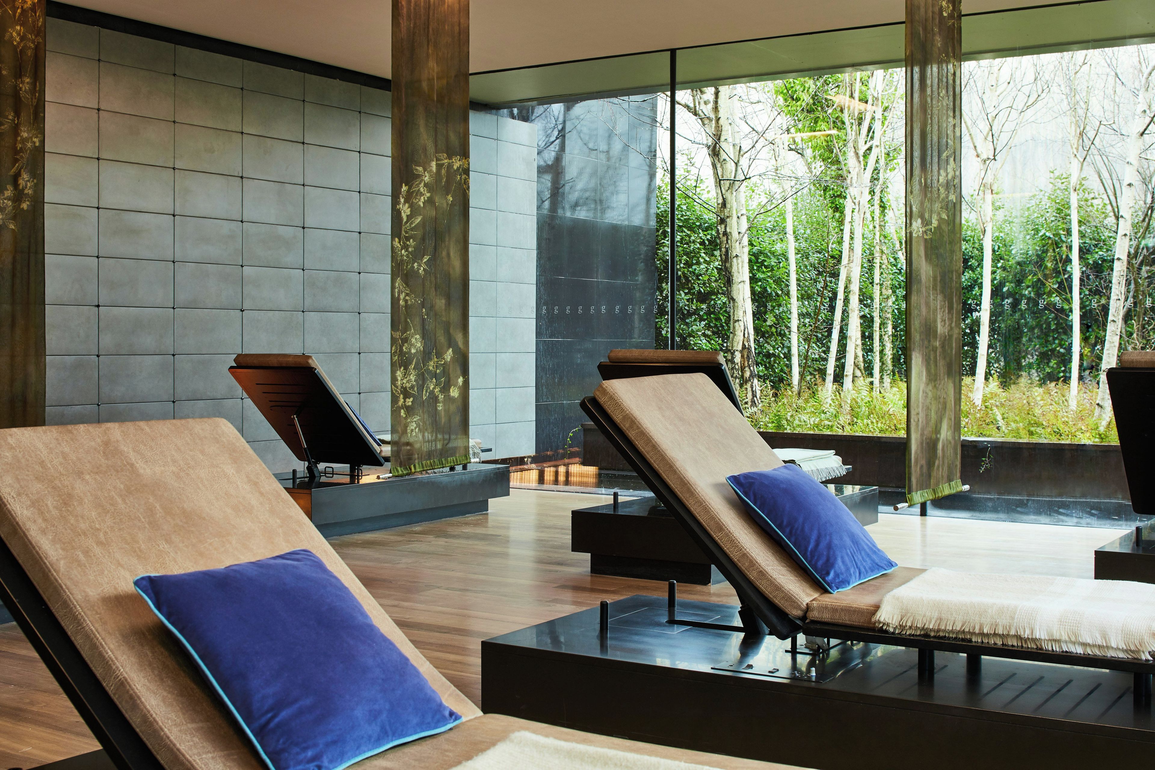 A modern relaxation area with lounge chairs and a large window overlooking a forest.