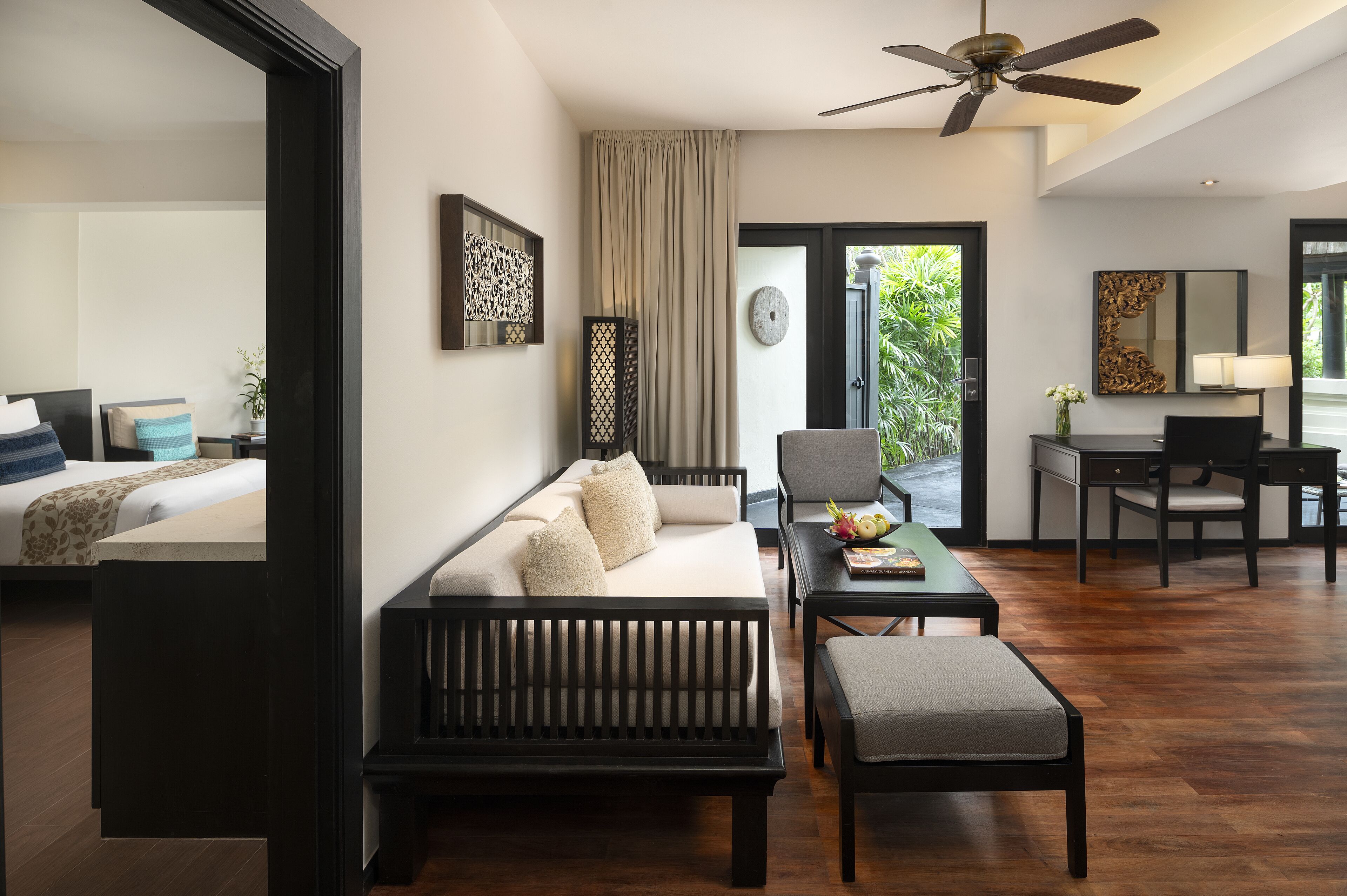 two bedroom family pool suite | living area | 42-inch flat-screen tv with digital channels, tv, dvd player