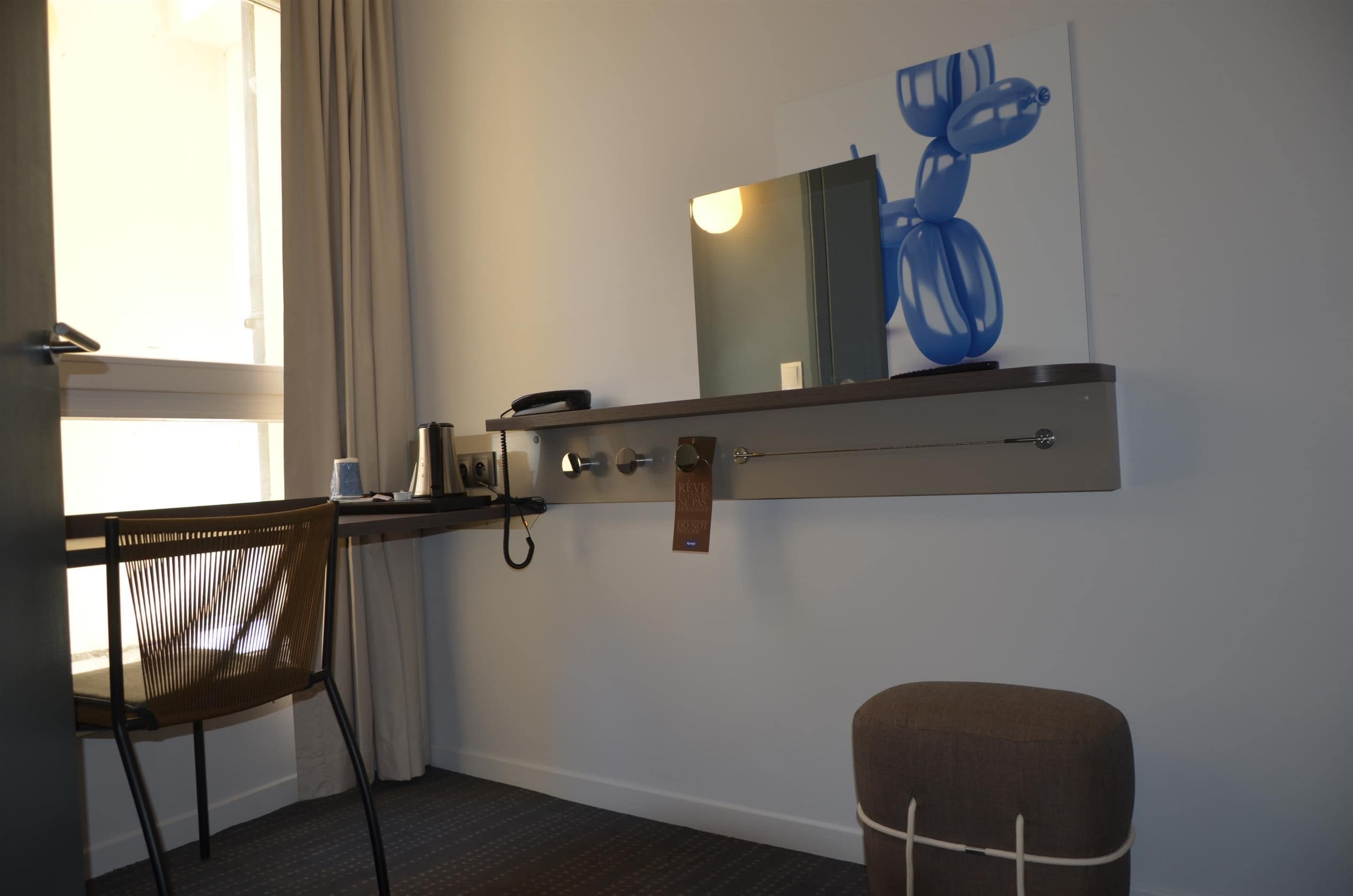 premium bedding, desk, laptop workspace, blackout curtains