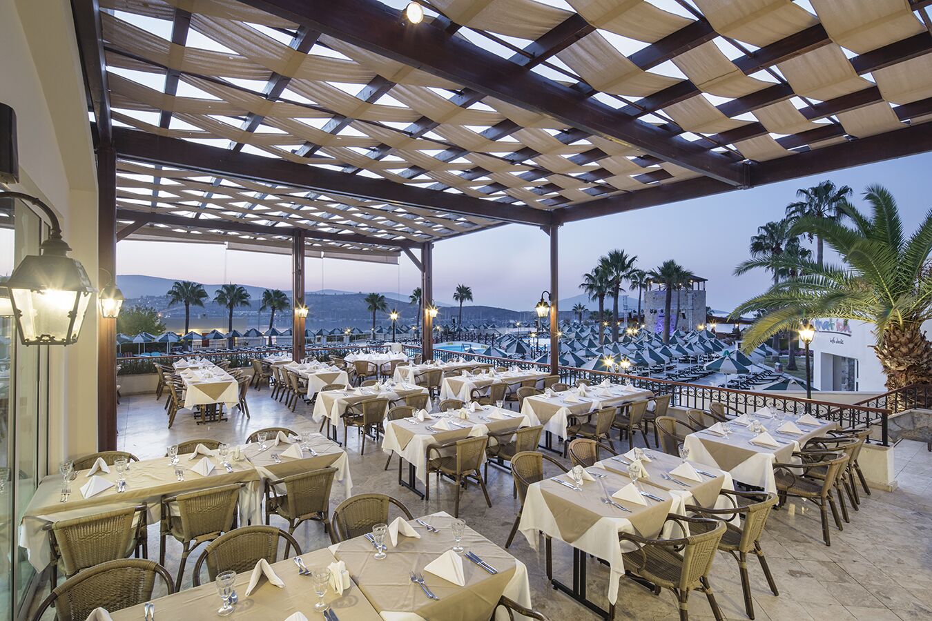 Ein Restaurant im Freien mit gedeckten Tischen, mit Blick auf einen Strand mit Sonnenschirmen und Palmen.