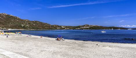 A beach with a clear sky, a rocky shoreline, and a few people.
