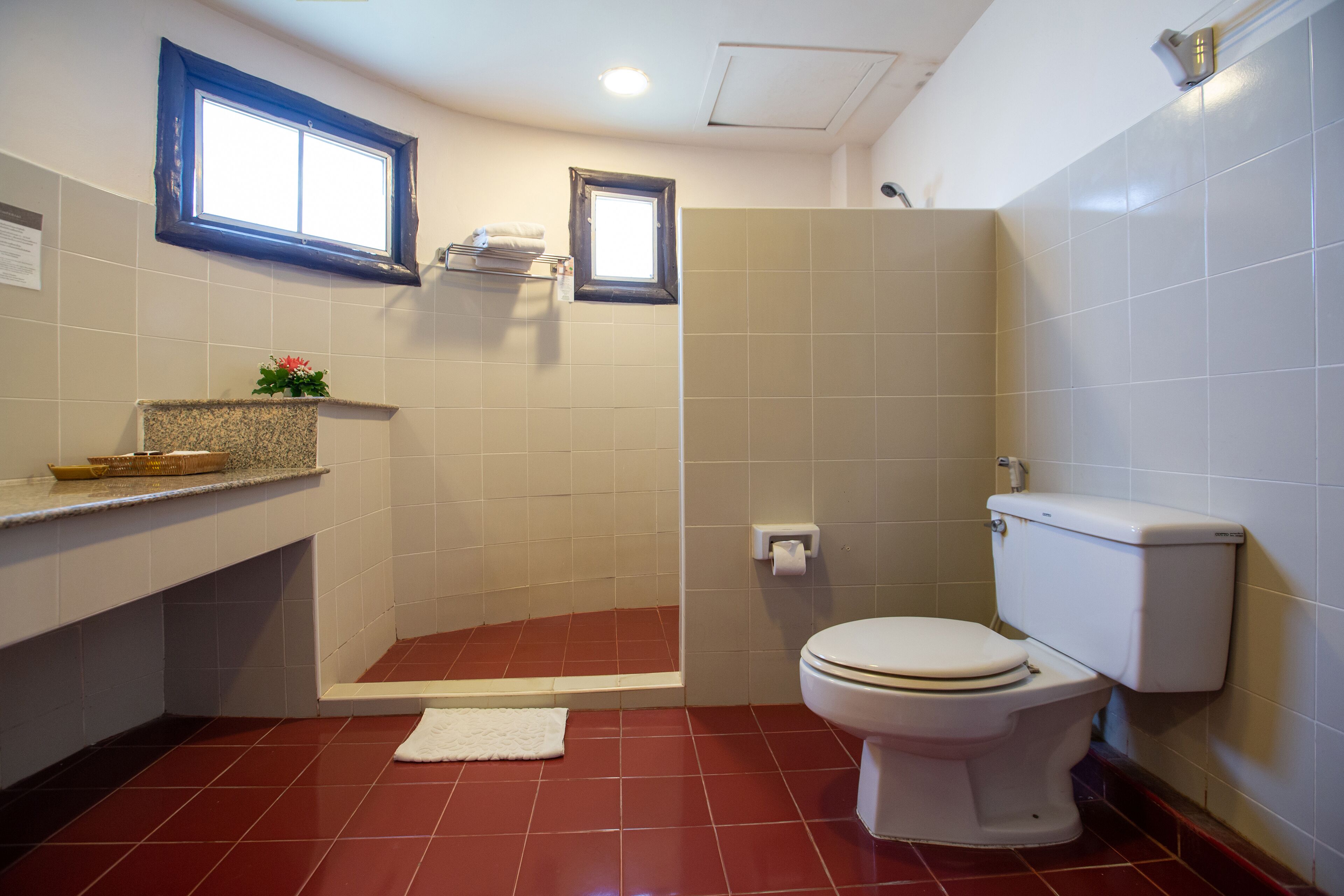 Un baño con inodoro, ducha y lavamanos.