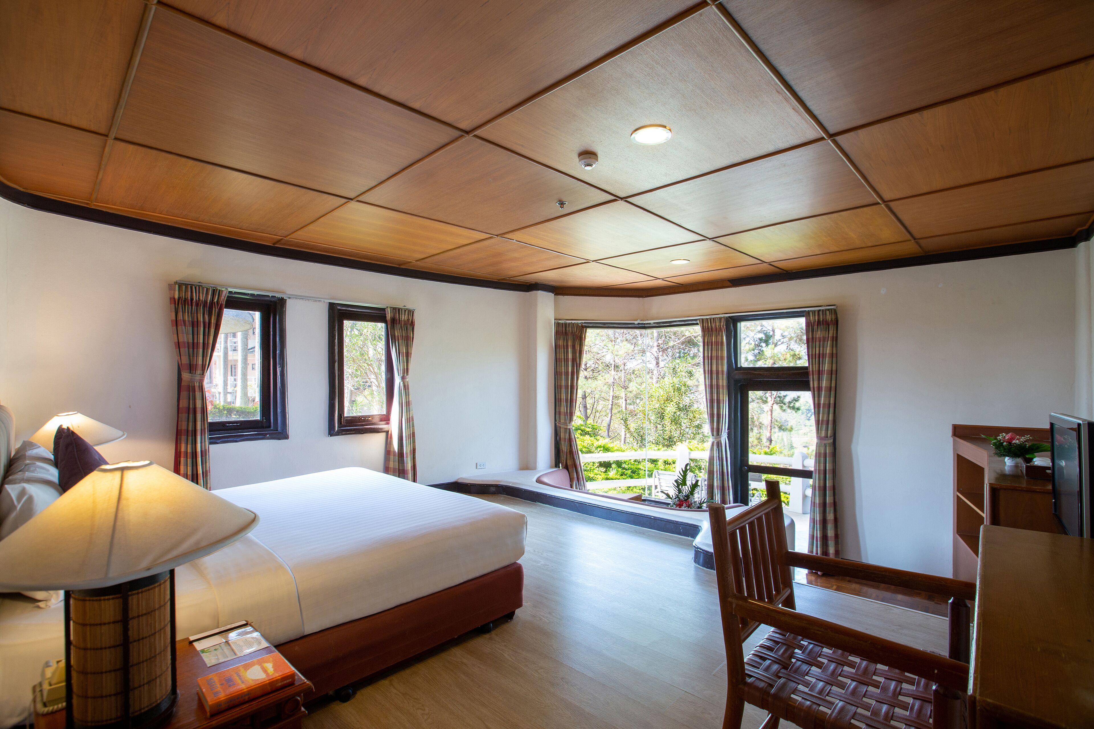 Une chambre d’hôtel avec un grand lit, un bureau, une chaise et un téléviseur. Elle est dotée de fenêtres avec des rideaux et offre une vue sur la verdure environnante.