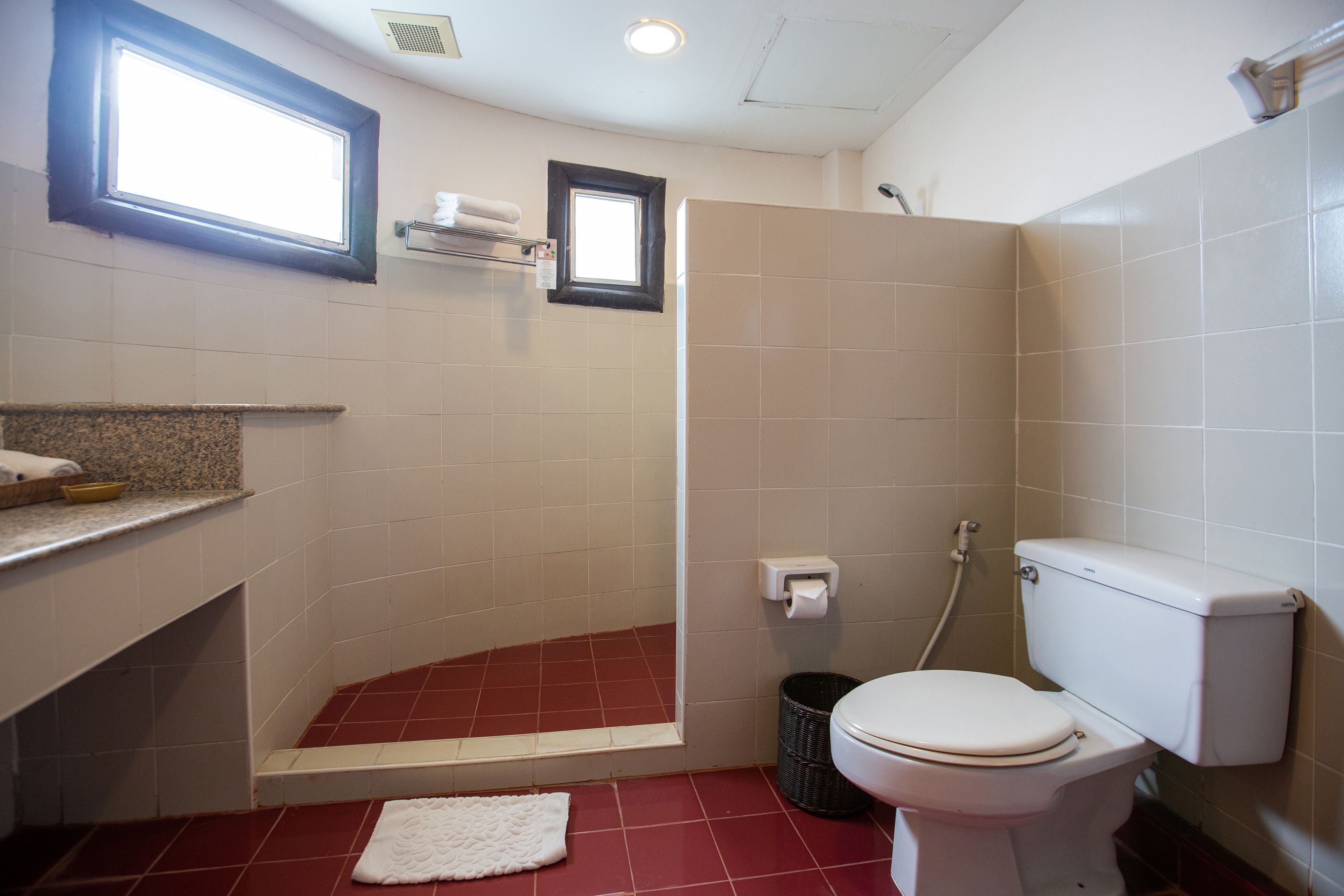 Baño con ducha, inodoro y lavamanos.