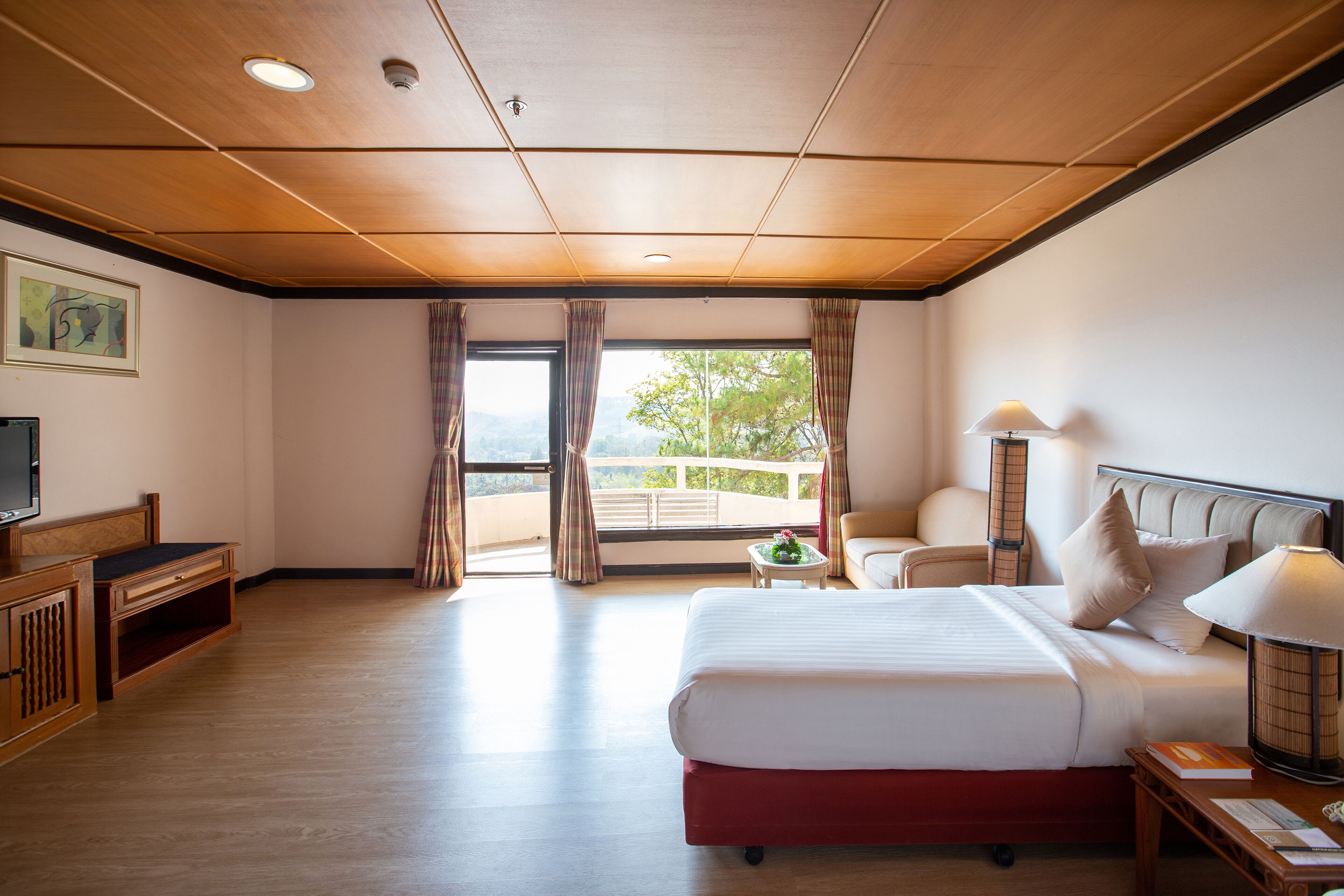 A hotel room with a large bed, a desk, a chair, a TV, and a balcony with curtains.