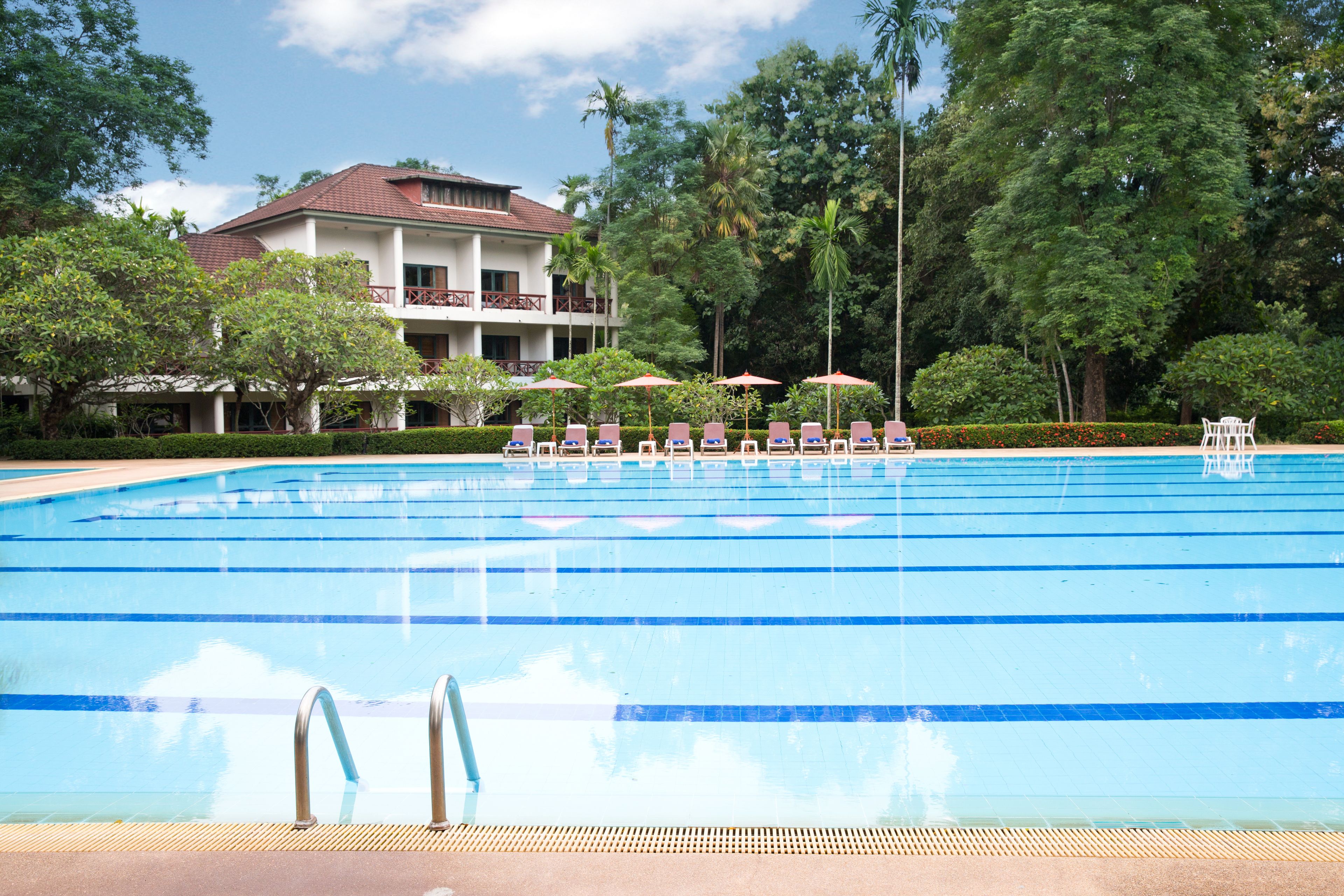 A swimming pool with lounge chairs and umbrellas, surrounded by trees and a building with a balcony.