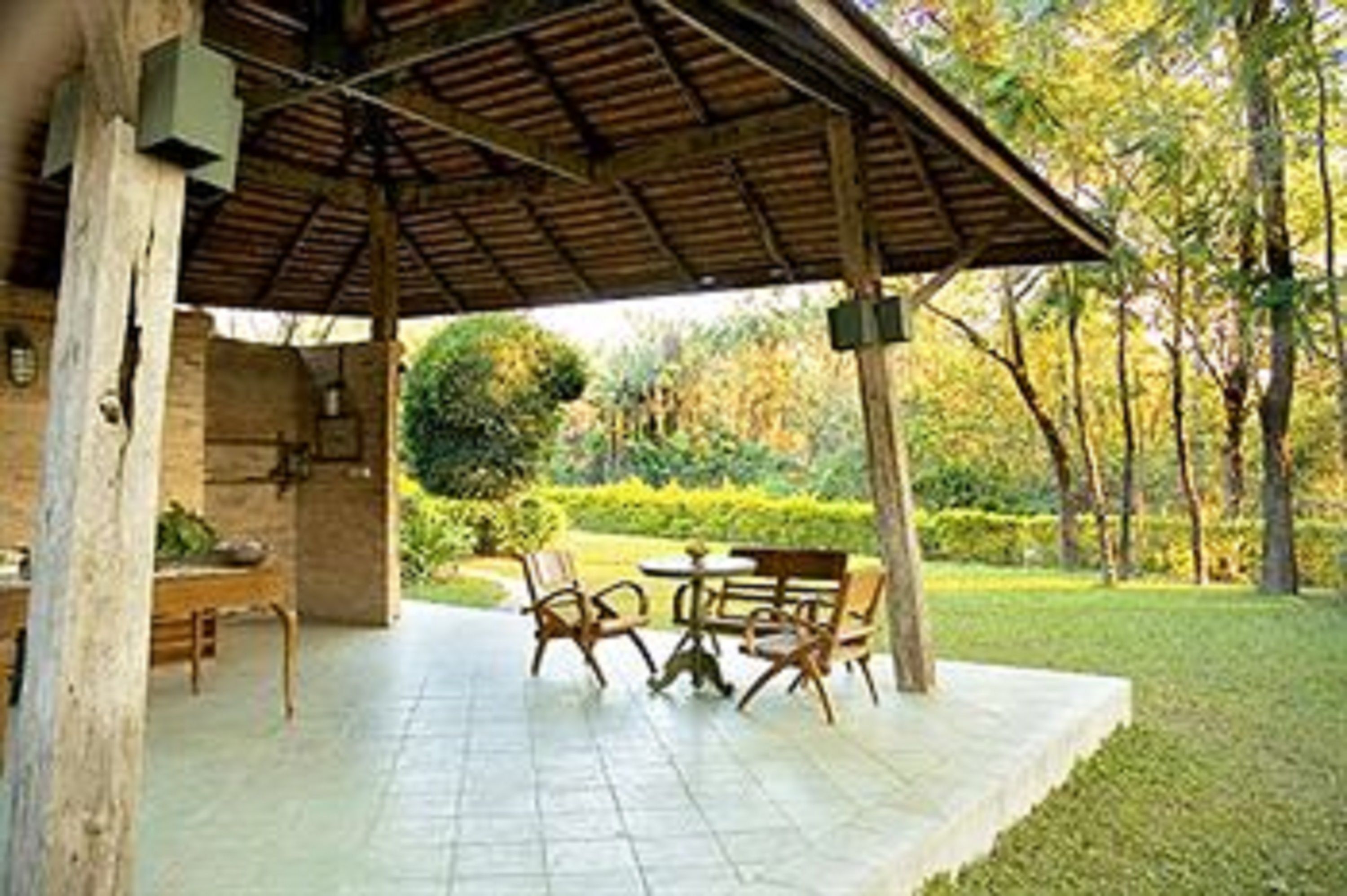 Ein überdachter Patio-Bereich mit Tisch und Stühlen, umgeben von Grünpflanzen und Bäumen.