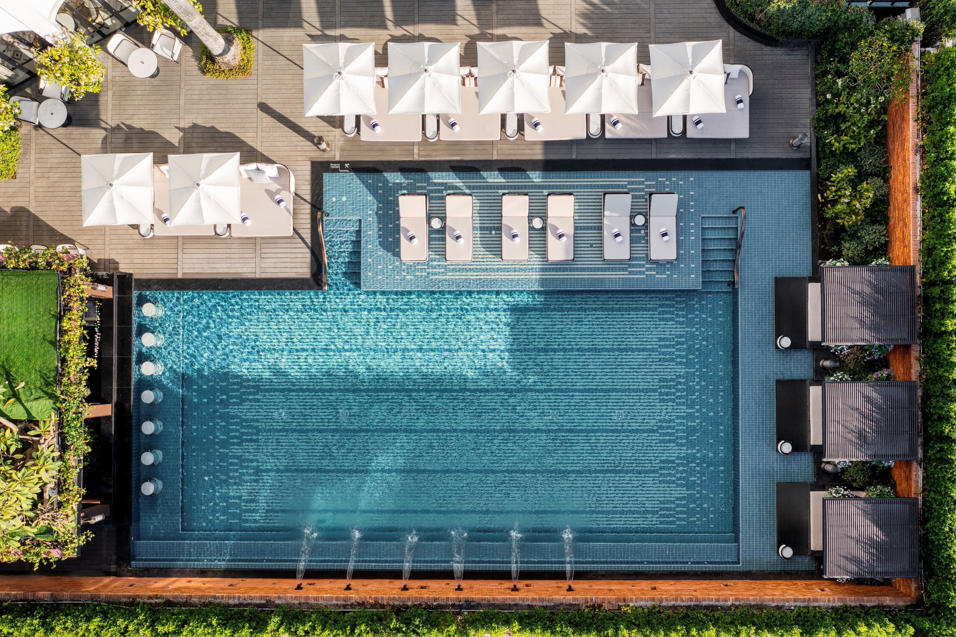 A rooftop infinity pool with sun loungers and umbrellas, surrounded by greenery.