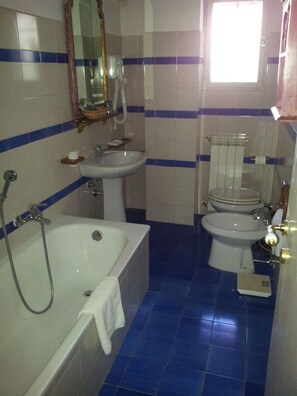 Bathtub, free toiletries, hair dryer, bidet