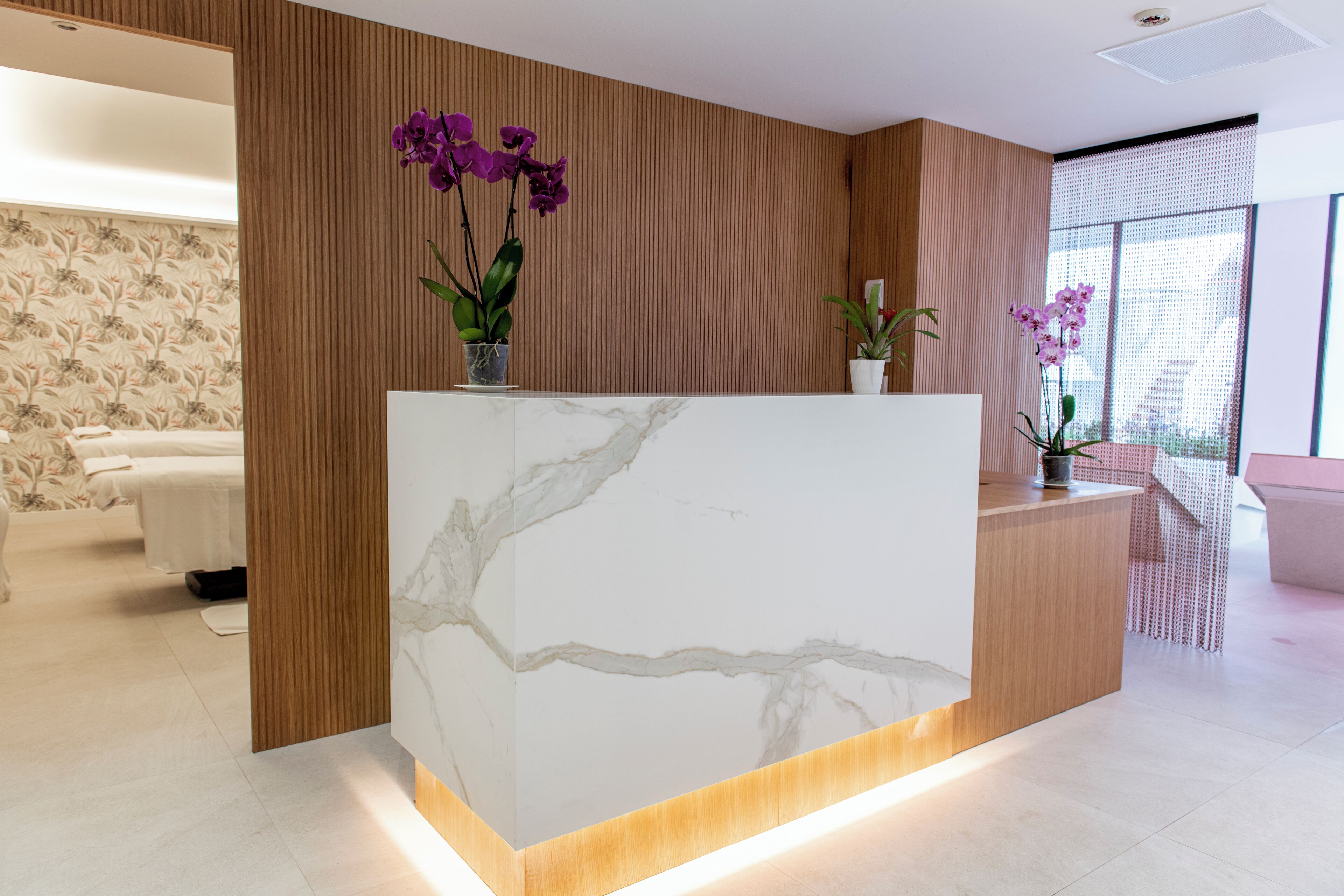 A reception desk with a marble top, surrounded by wooden paneling and potted plants.