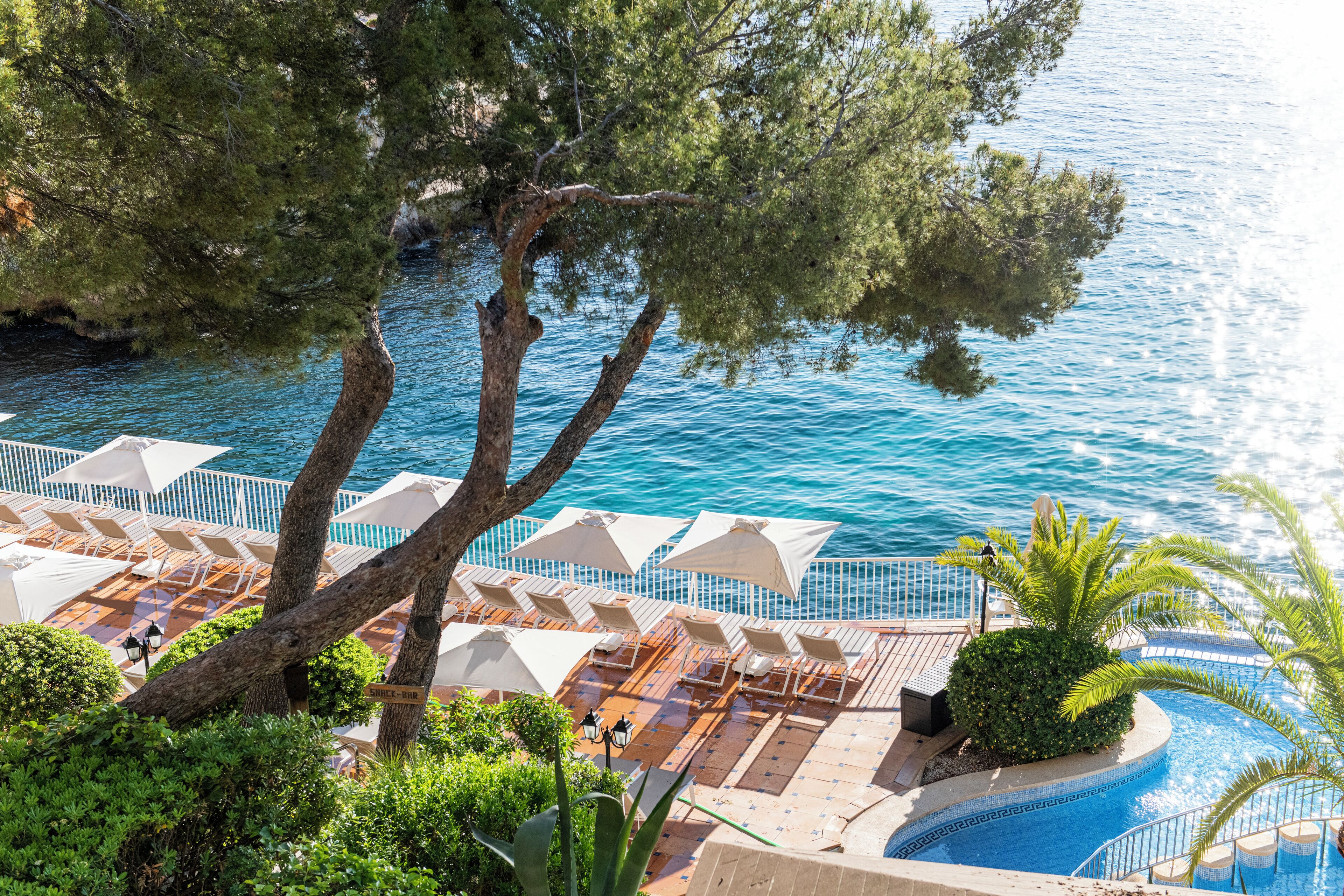 A poolside area with lounge chairs and umbrellas, surrounded by trees and overlooking a body of water.