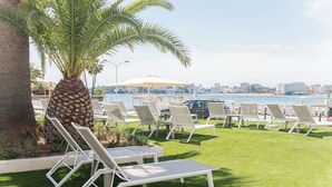 A poolside area with lounge chairs and a palm tree. - Suites ROC Portonova - Newly Renovated 2026 (Calvia)