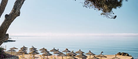 A beachside resort with rows of sun loungers and thatched umbrellas, overlooking calm waters.