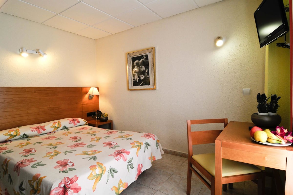 A hotel room with a bed, a desk with a chair, a television, and a wall-mounted picture.
