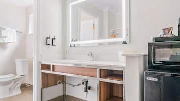Eco-friendly toiletries, hair dryer, towels, soap