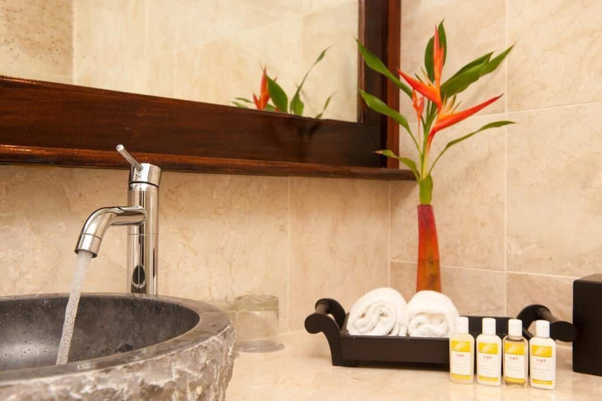 Badkamer | Een douche, designer toiletartikelen, een haardroger, handdoeken