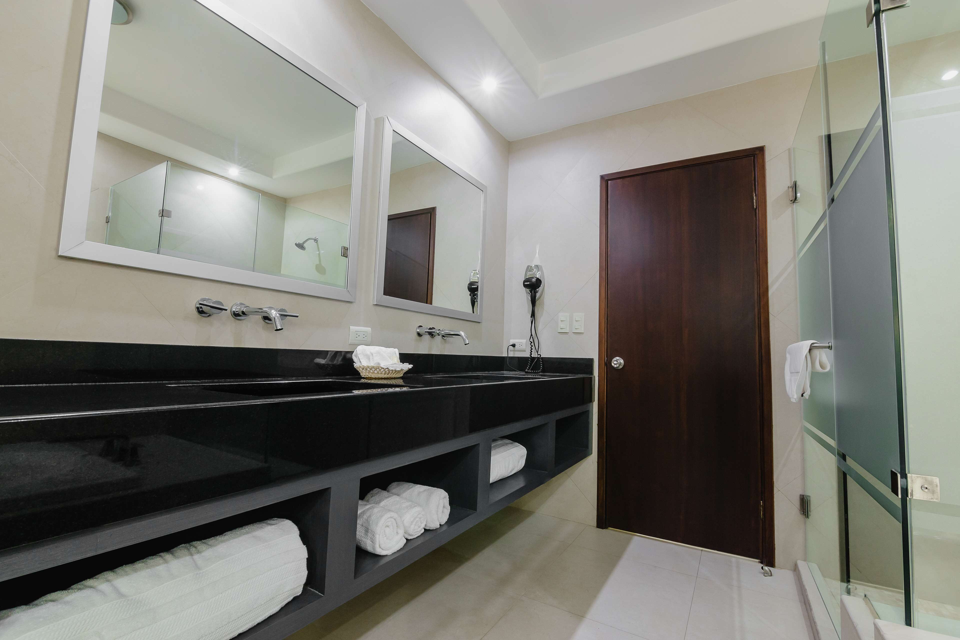 A modern bathroom with a black vanity, two large mirrors, a glass shower enclosure, and a wooden door.