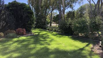 Un césped bien cuidado con una variedad de árboles y arbustos, delimitado por una valla de madera.