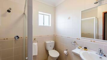 A bathroom with a toilet, sink, and shower.