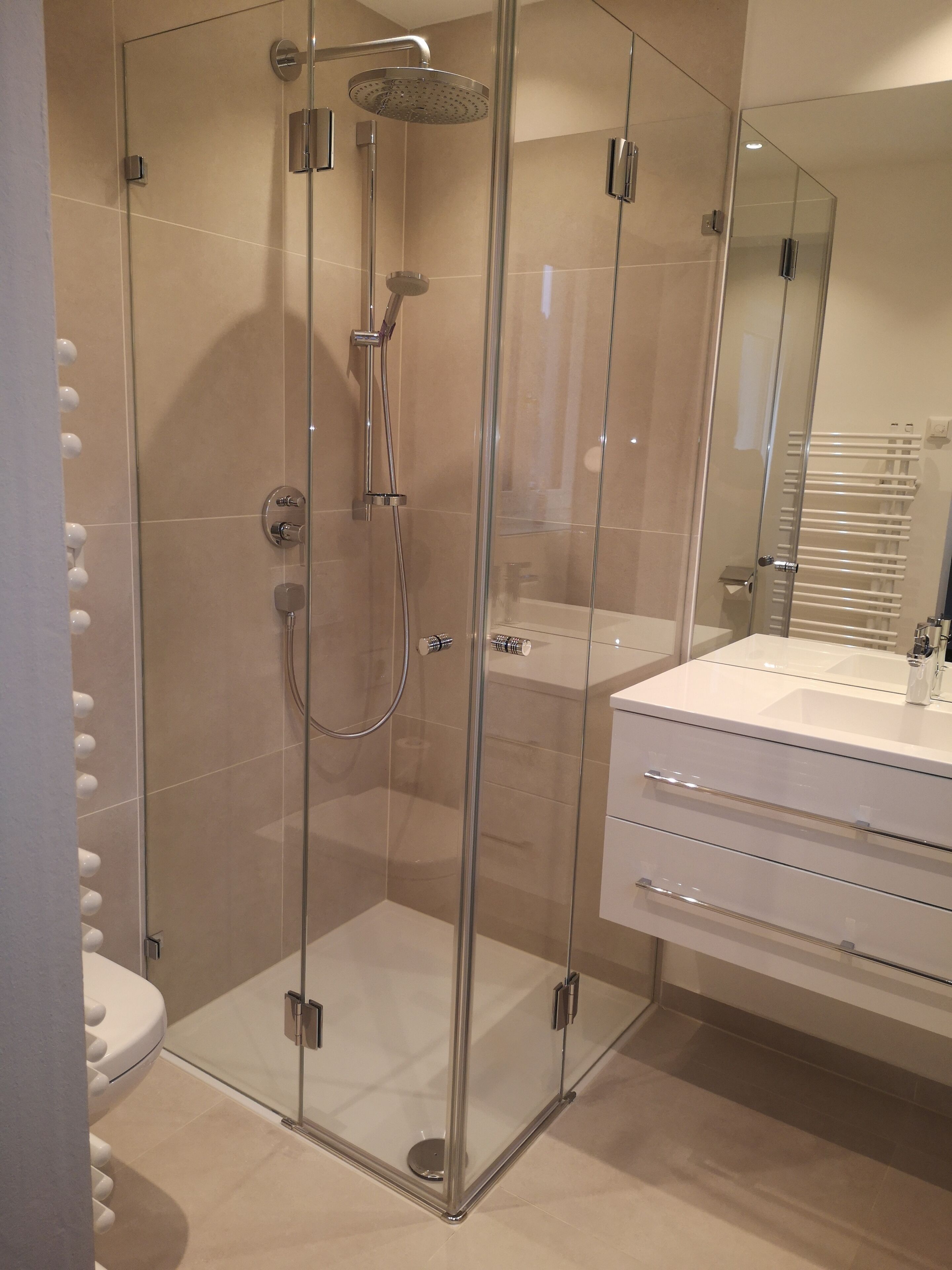 A modern bathroom with a glass-enclosed shower, a white vanity with a mirror, and a toilet.
