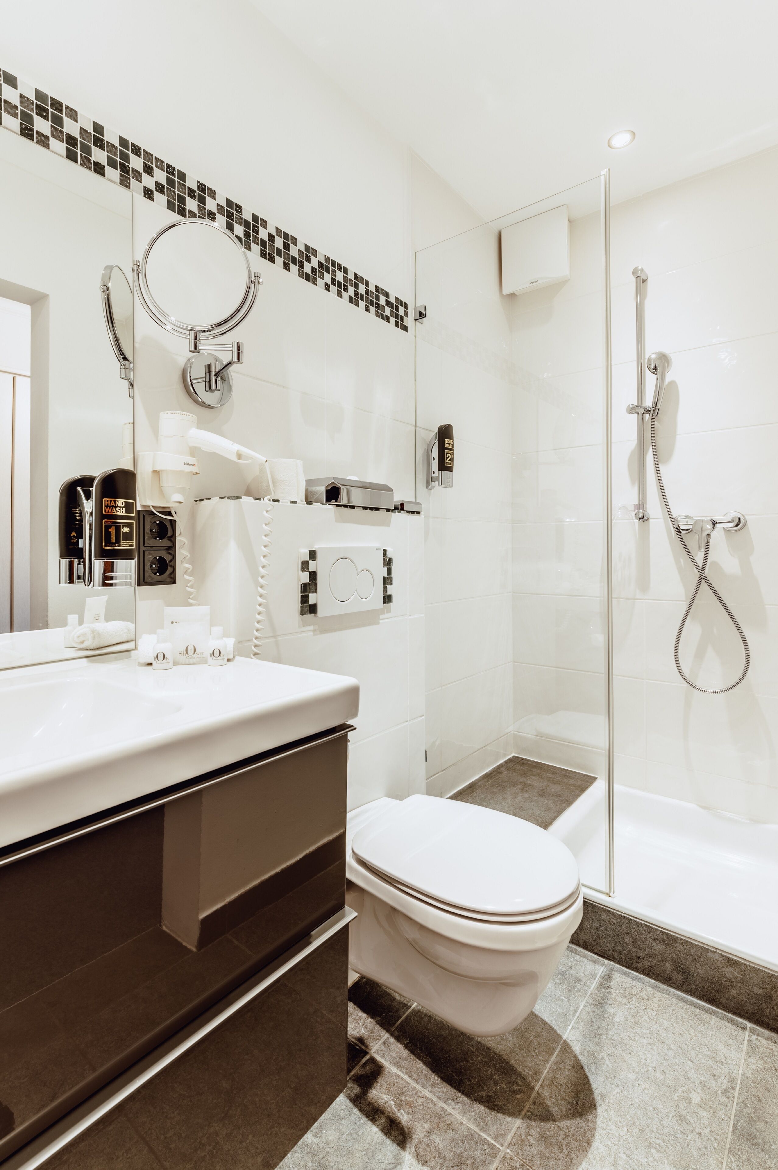 free toiletries, hair dryer, towels