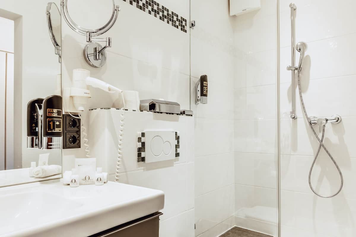 free toiletries, hair dryer, towels