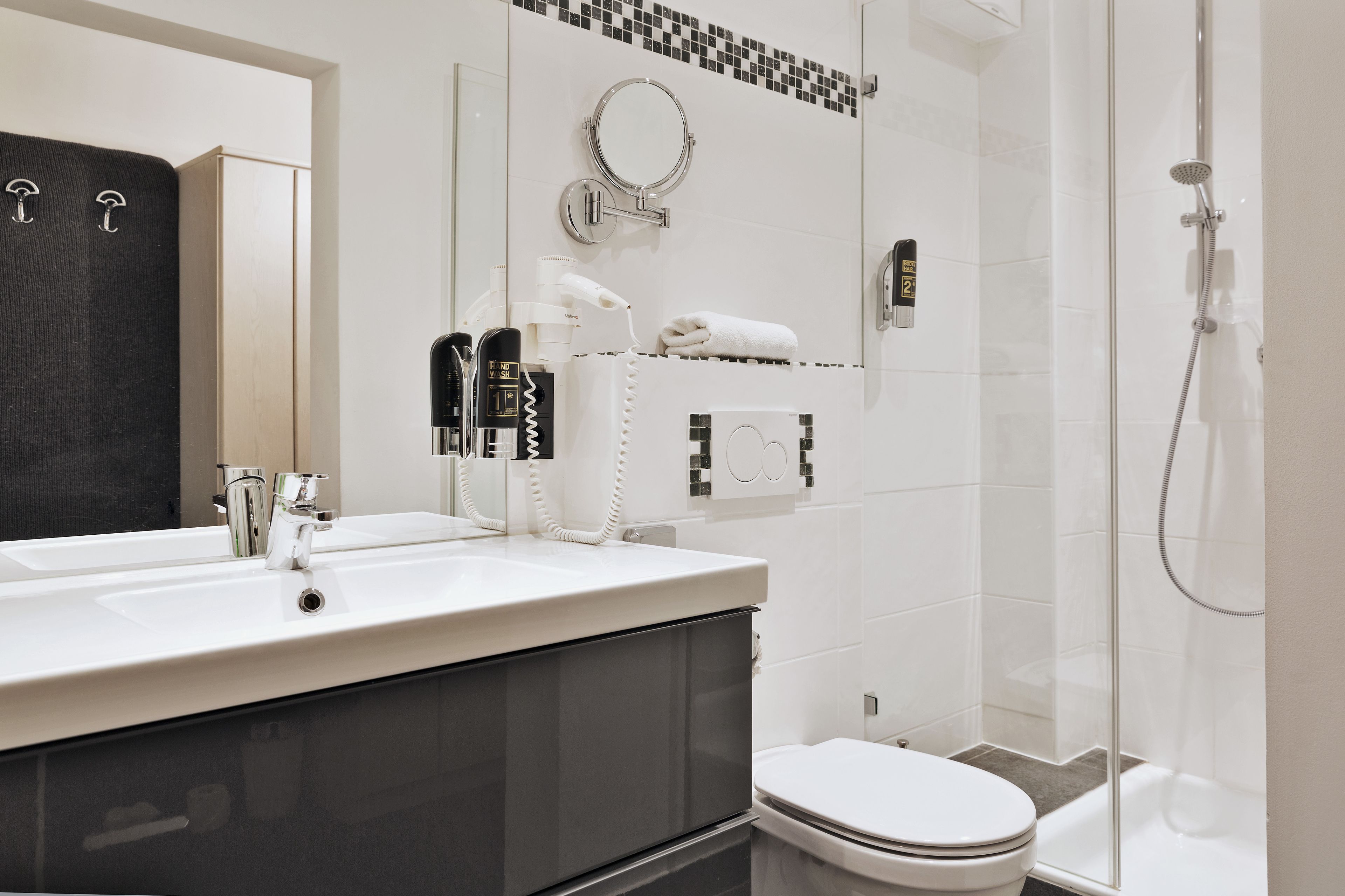 free toiletries, hair dryer, towels