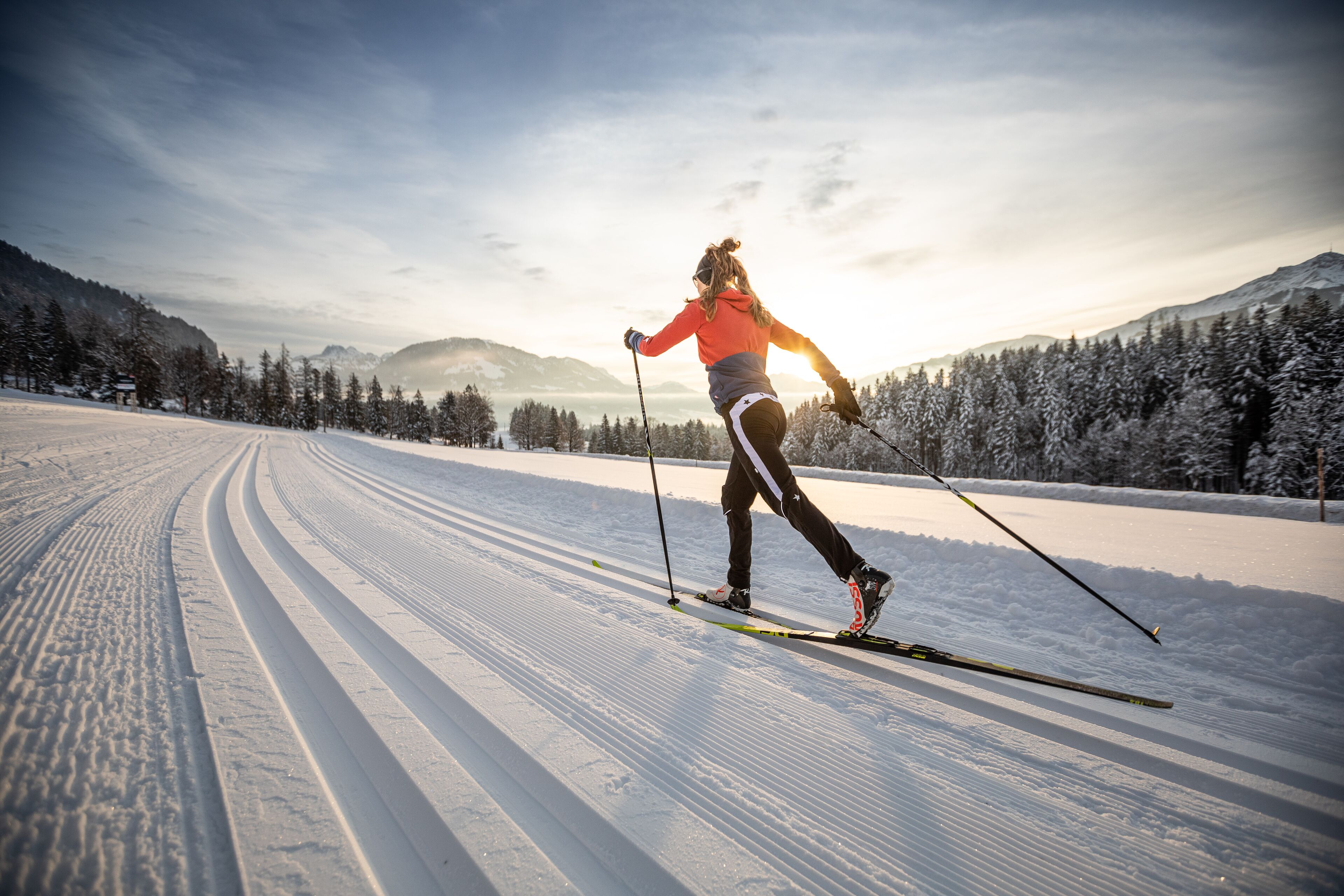A person skiing on a snowy path with trees and mountains in the background.