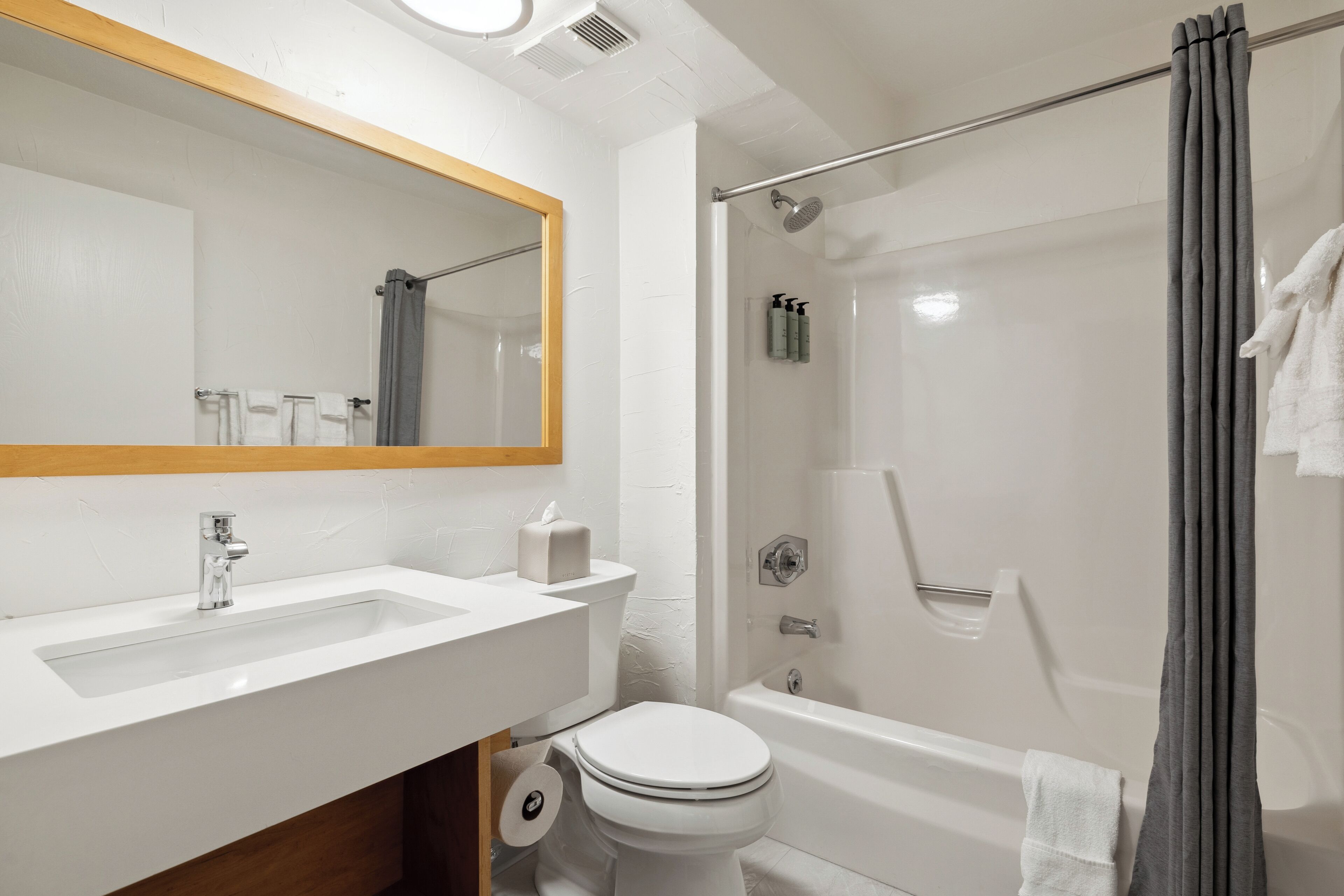 combined shower/bathtub, free toiletries, hair dryer, towels