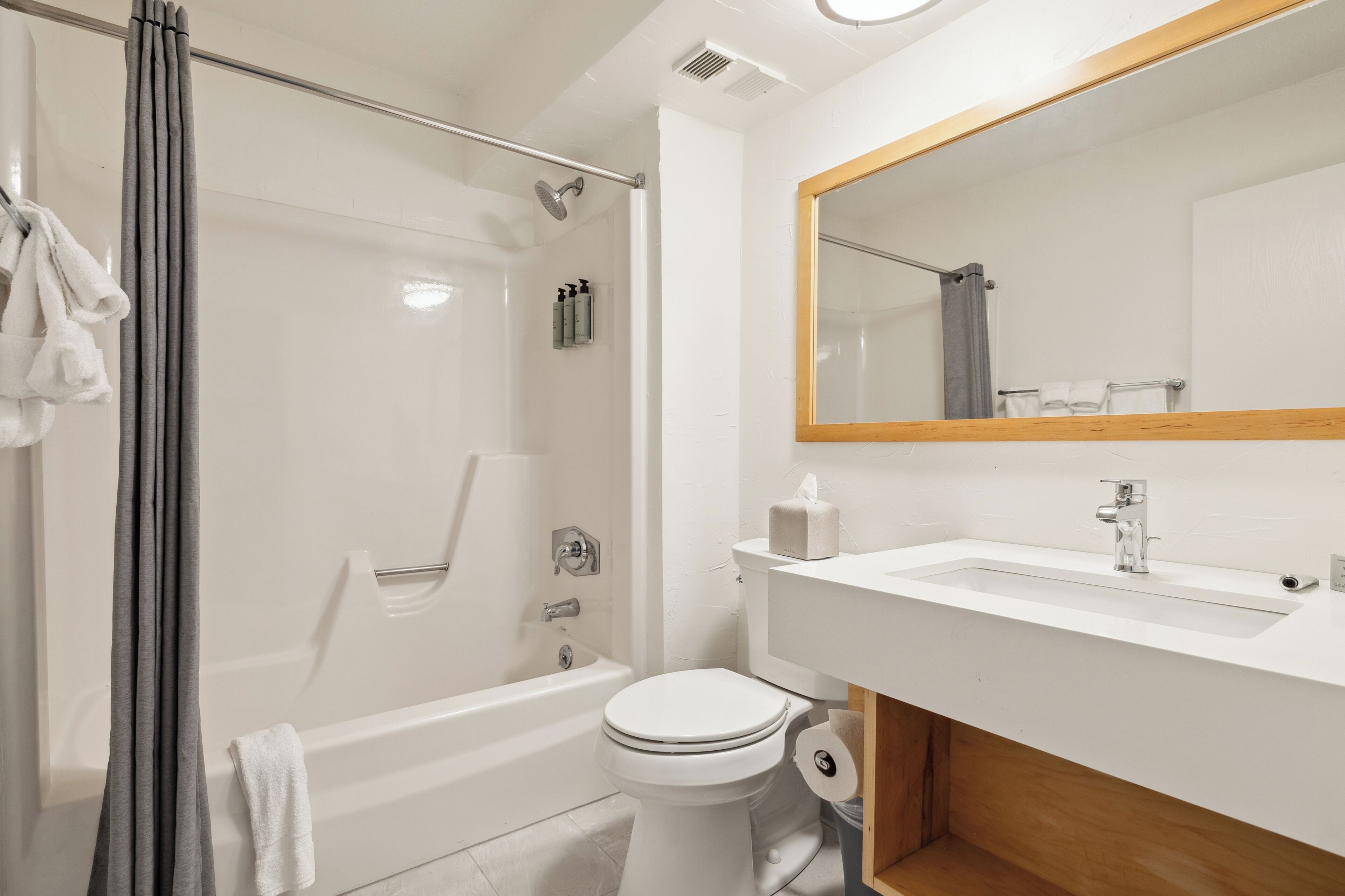 combined shower/bathtub, free toiletries, hair dryer, towels