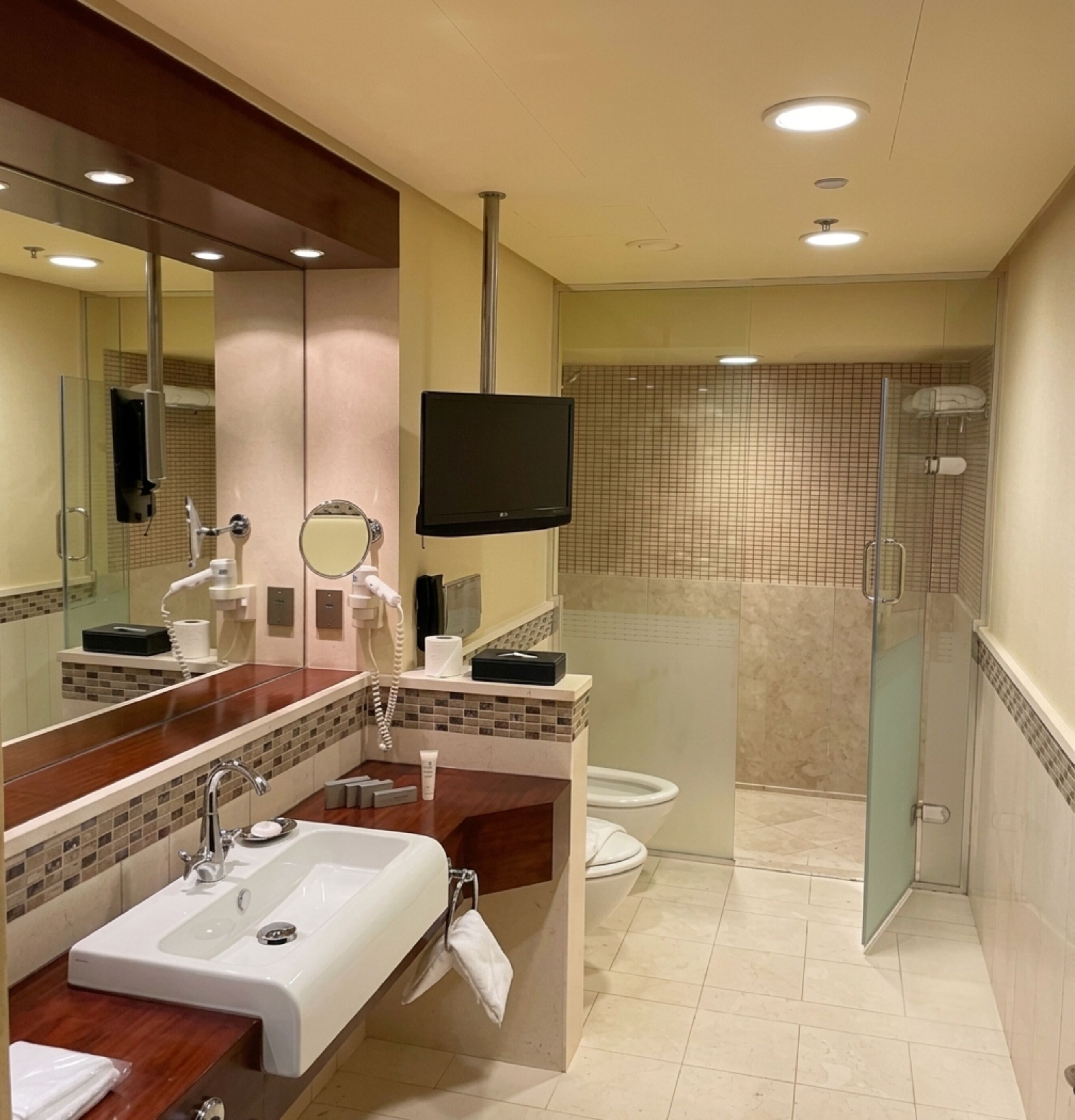 Un baño moderno con un espejo grande, un lavabo, un inodoro y una zona de ducha.