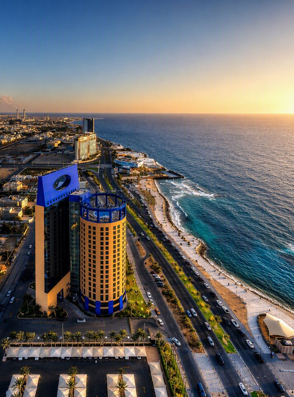 A coastal cityscape with a prominent hotel featuring a blue and yellow facade, a beachfront promenade, and a clear view of the ocean.