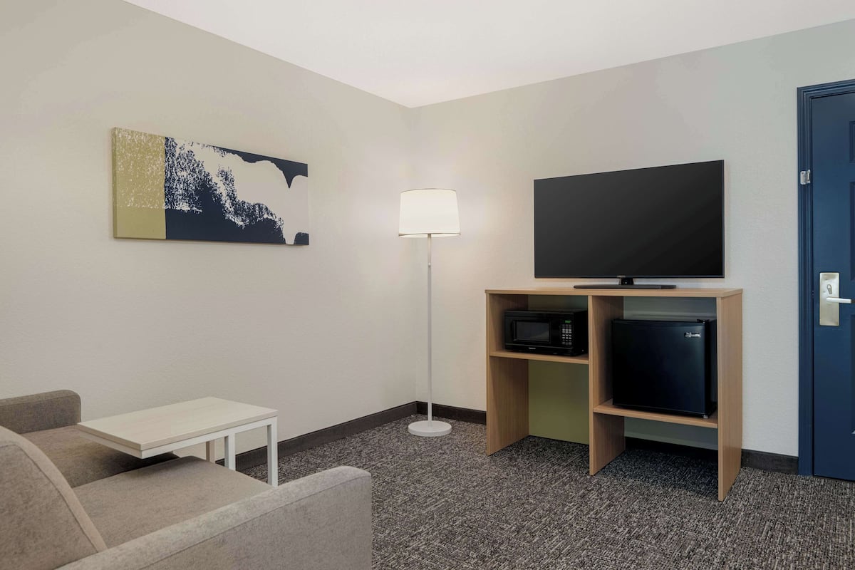 Hotelkamer met flatscreen televisie, een klein tafeltje, een sofa, een lamp en een magnetron.