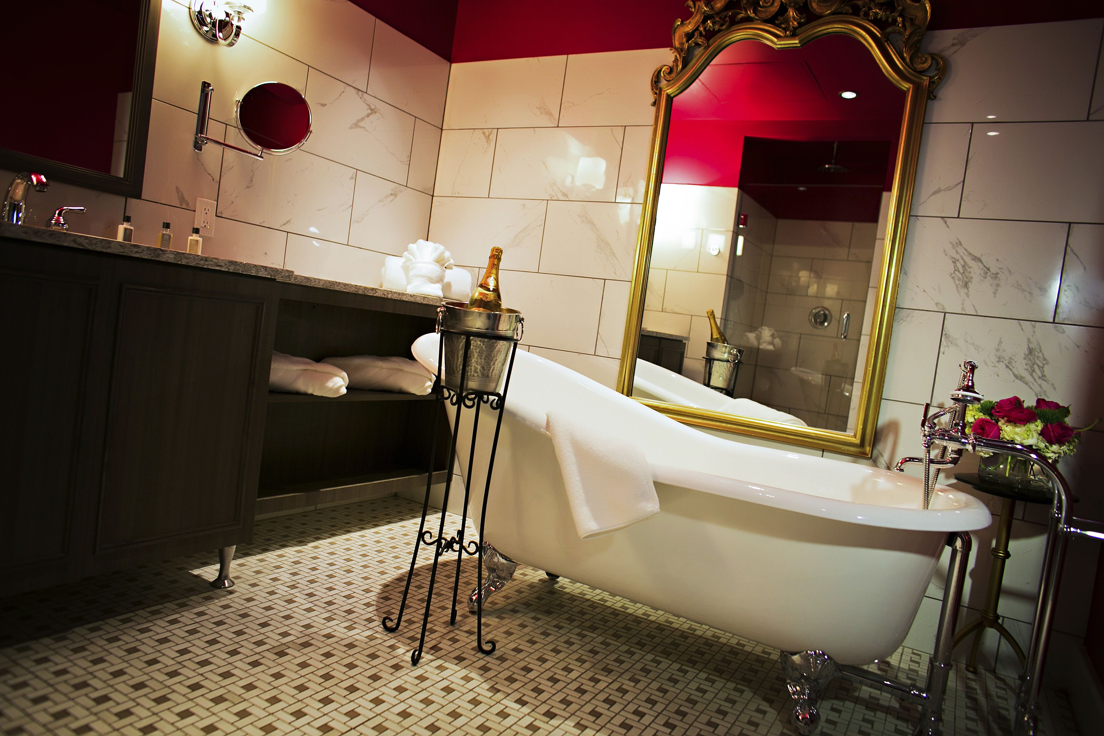 designer toiletries, hair dryer, bathrobes, towels