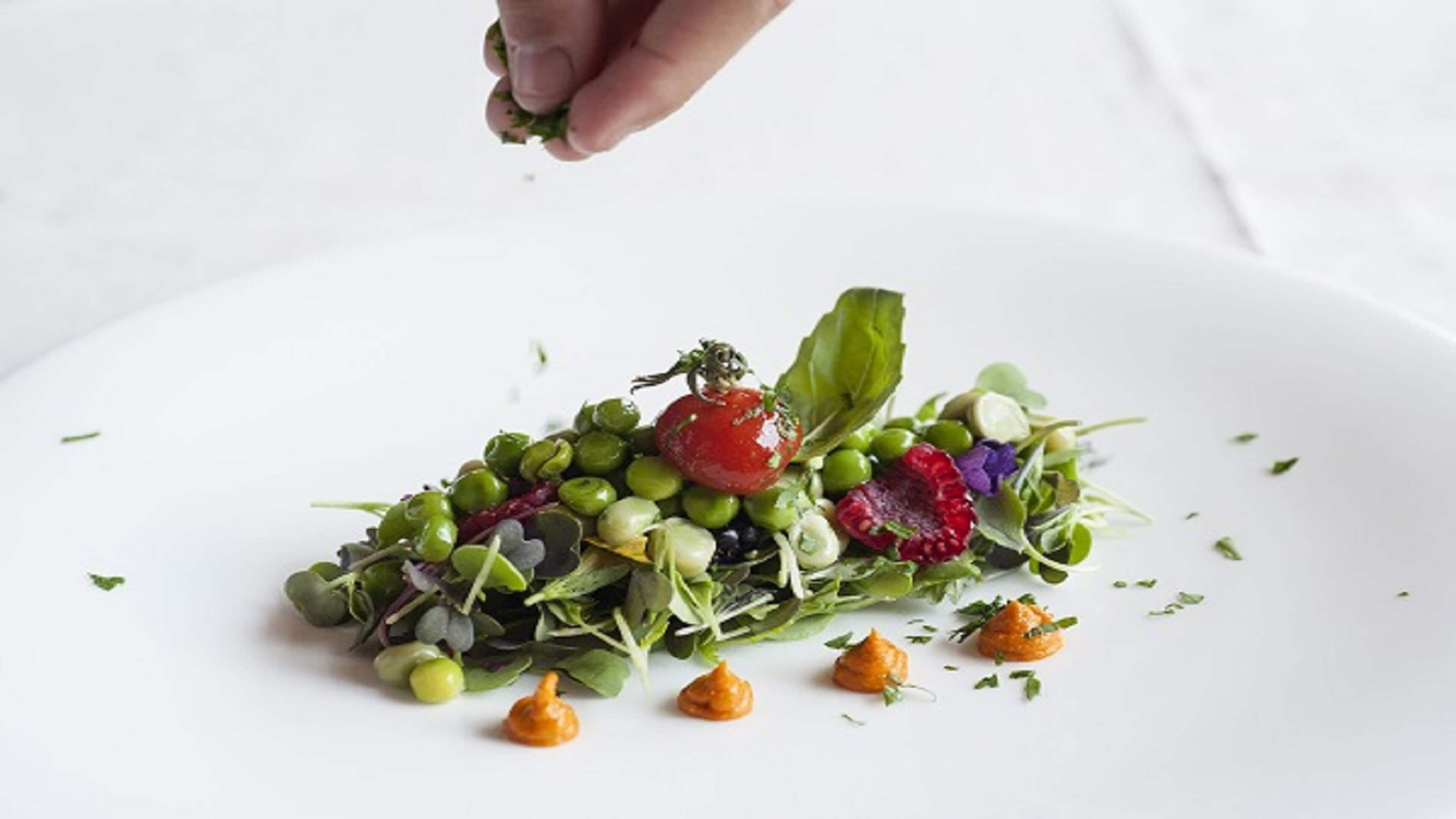 Un plato blanco con una ensalada colorida y una mano espolvoreando hierbas.