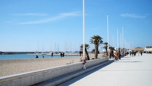 Une plage avec une promenade, des palmiers et un ciel dégagé.
