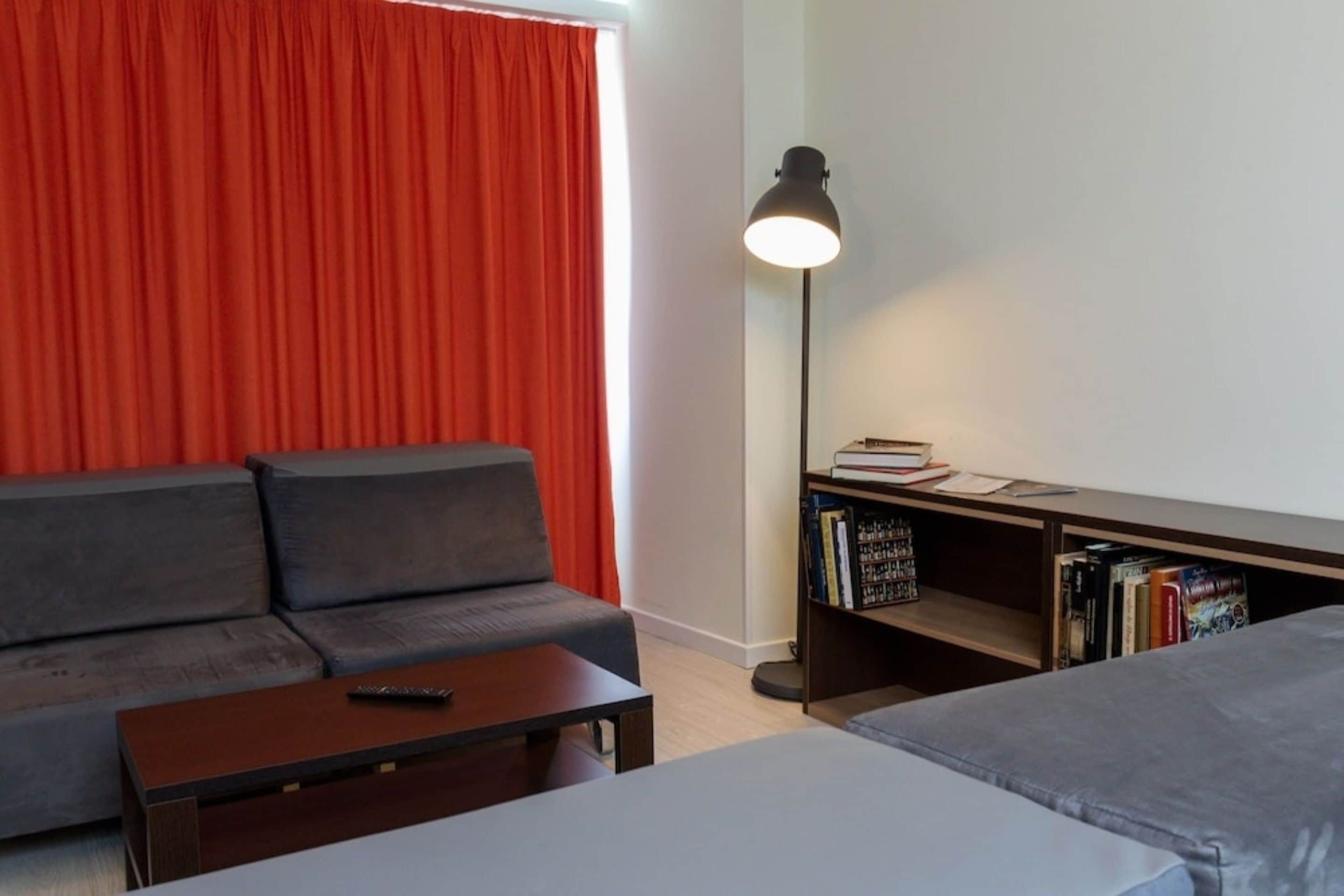 Una habitación con un sofá gris, una mesita con un control remoto, una lámpara de pie y una estantería llena de libros.
