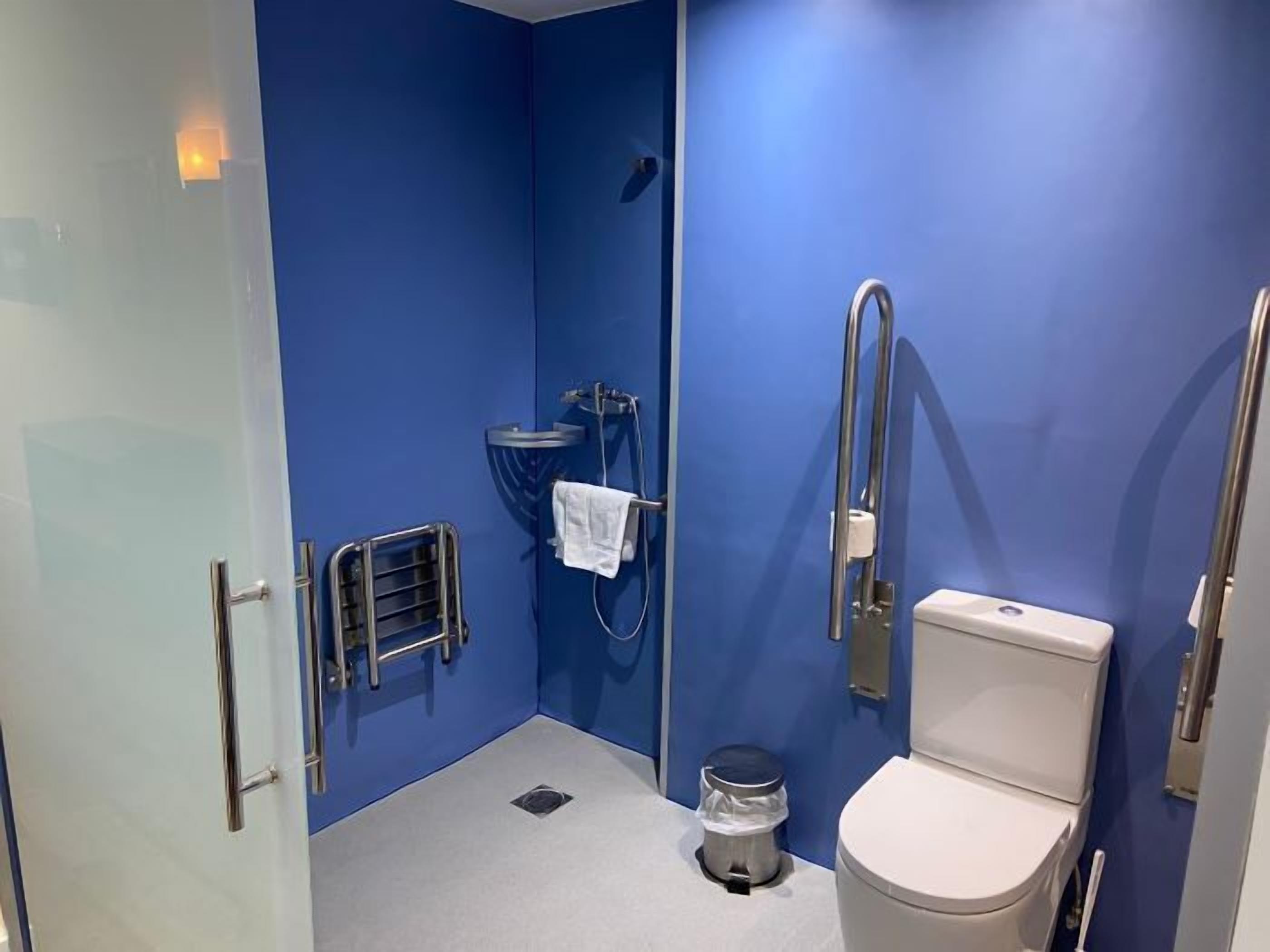 Een badkamer met een blauwe wand, een wit toilet, een douche met een handgreep en een handdroger.