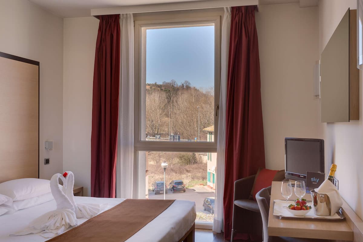 Een hotelkamer met een bed, een bureau met een computer, een fles champagne en uitzicht op het omliggende landschap.