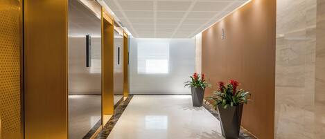 A modern hallway with a polished floor, a ceiling with a geometric pattern, and two potted plants.