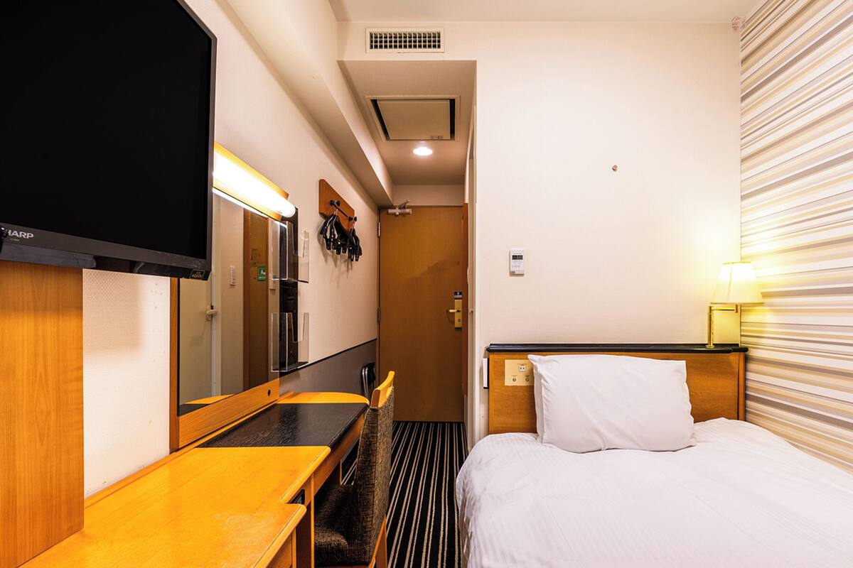A hotel room with a bed, a desk, a chair, a television, and a mirror.