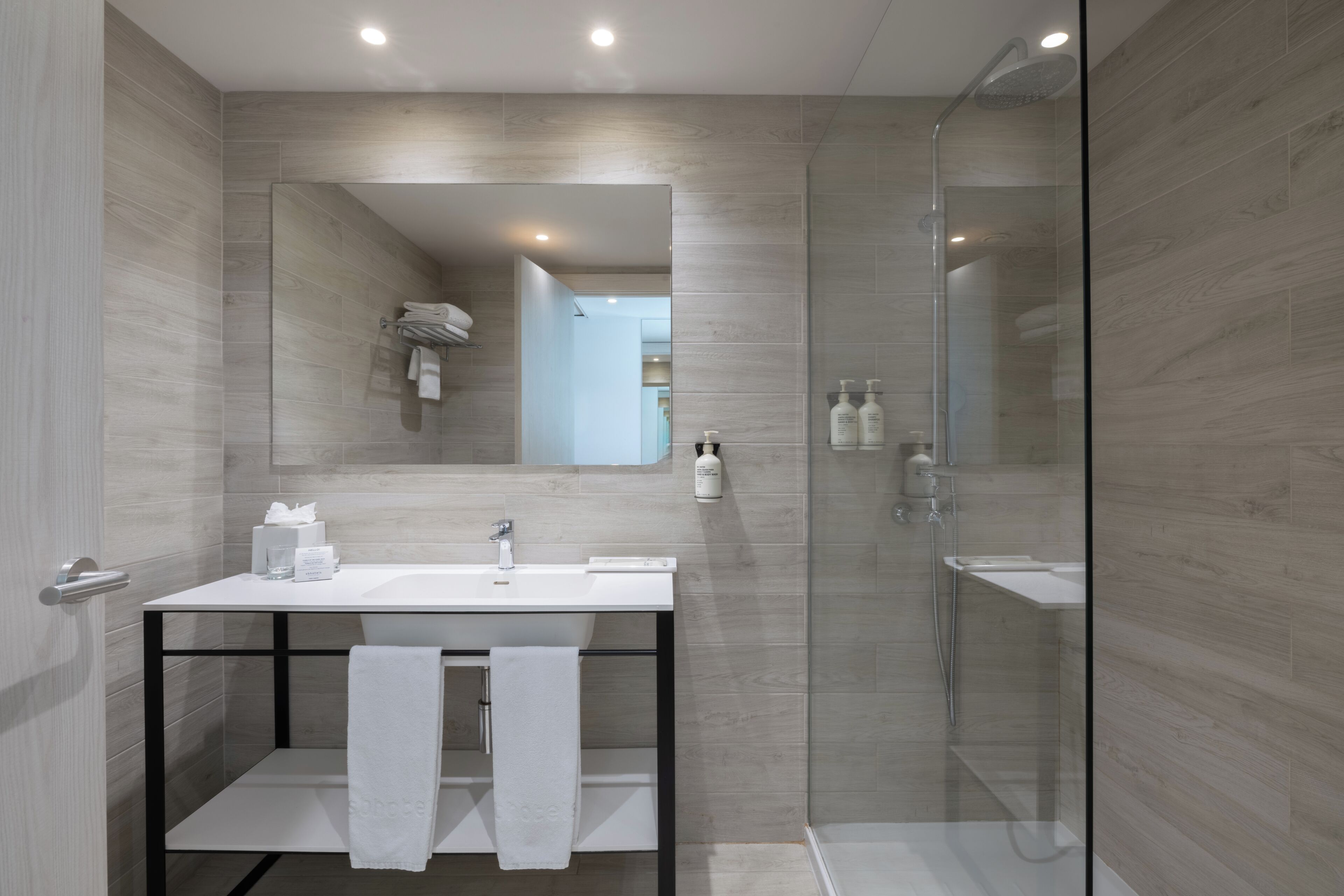 Un baño moderno con ducha de vidrio, un lavamanos blanco y un espejo grande.
