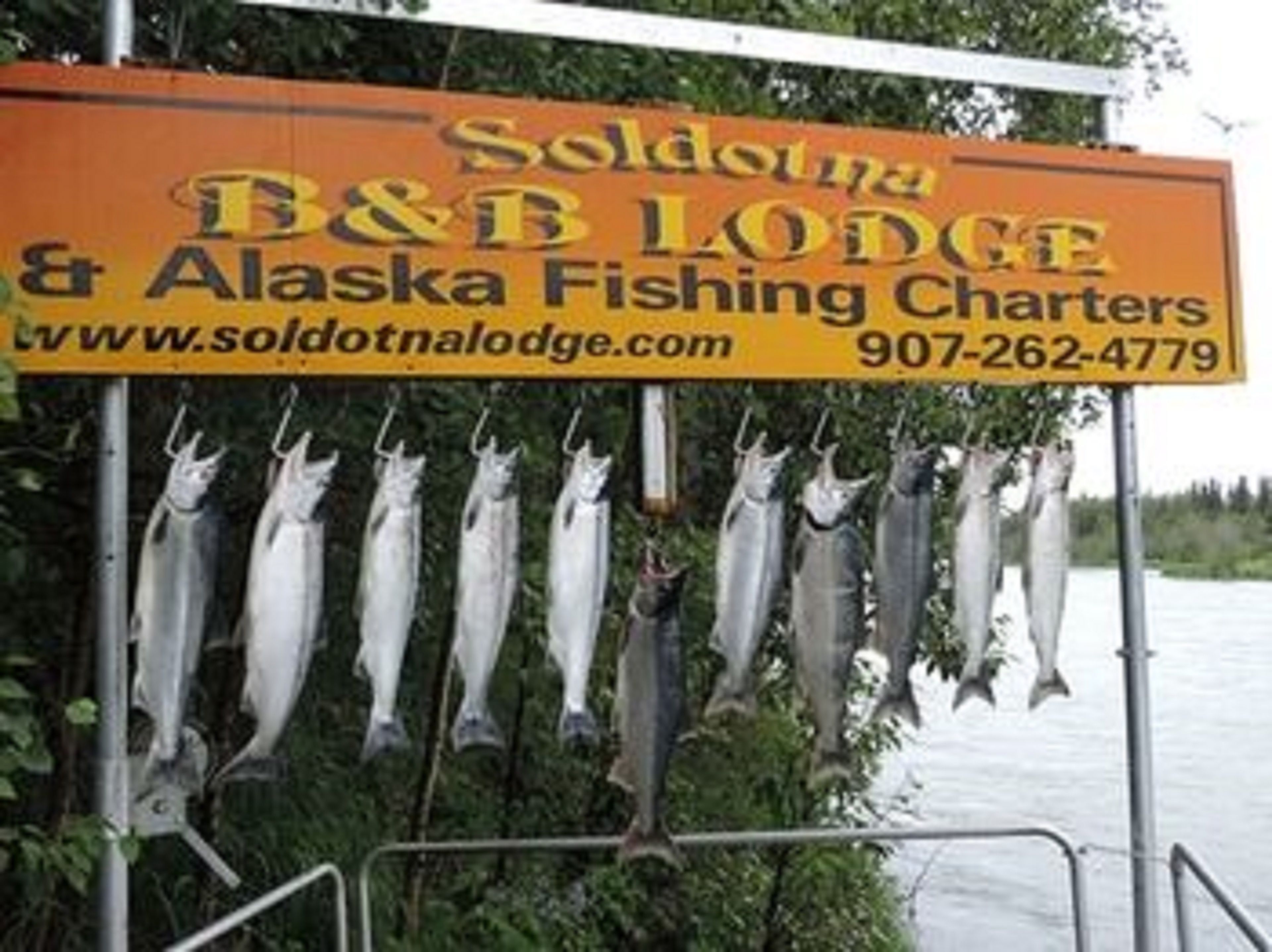 Une enseigne pour le Soldotna B&B Lodge et les excursions de pêche en Alaska, avec les coordonnées et une présentation de poissons.