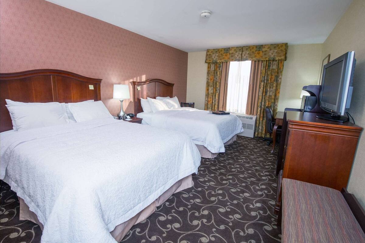 A hotel room with two beds, a television, a desk with a chair, and a patterned carpet.