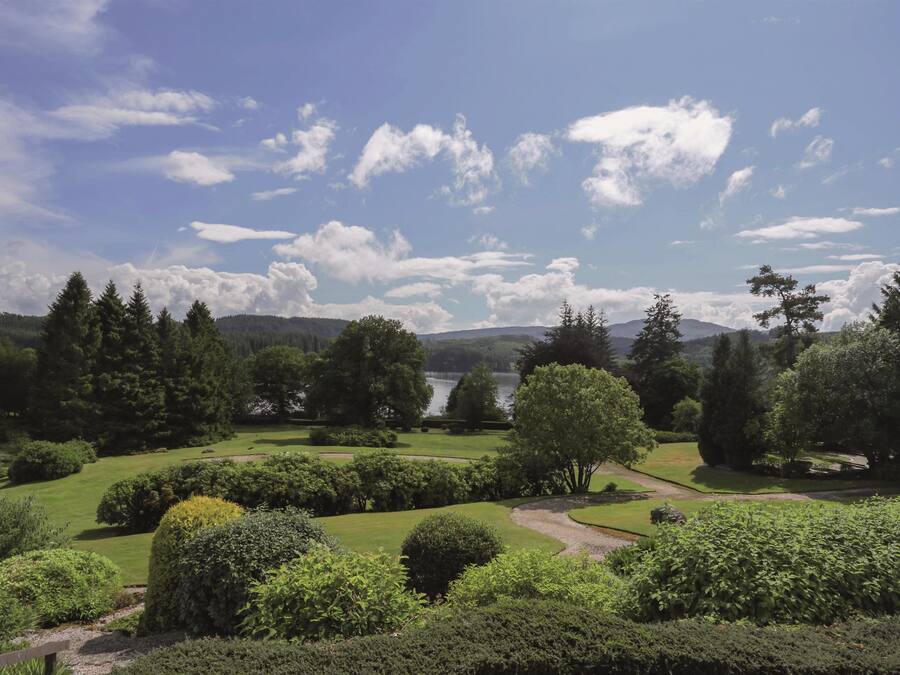 A lush landscape with a lake, trees, and rolling hills.