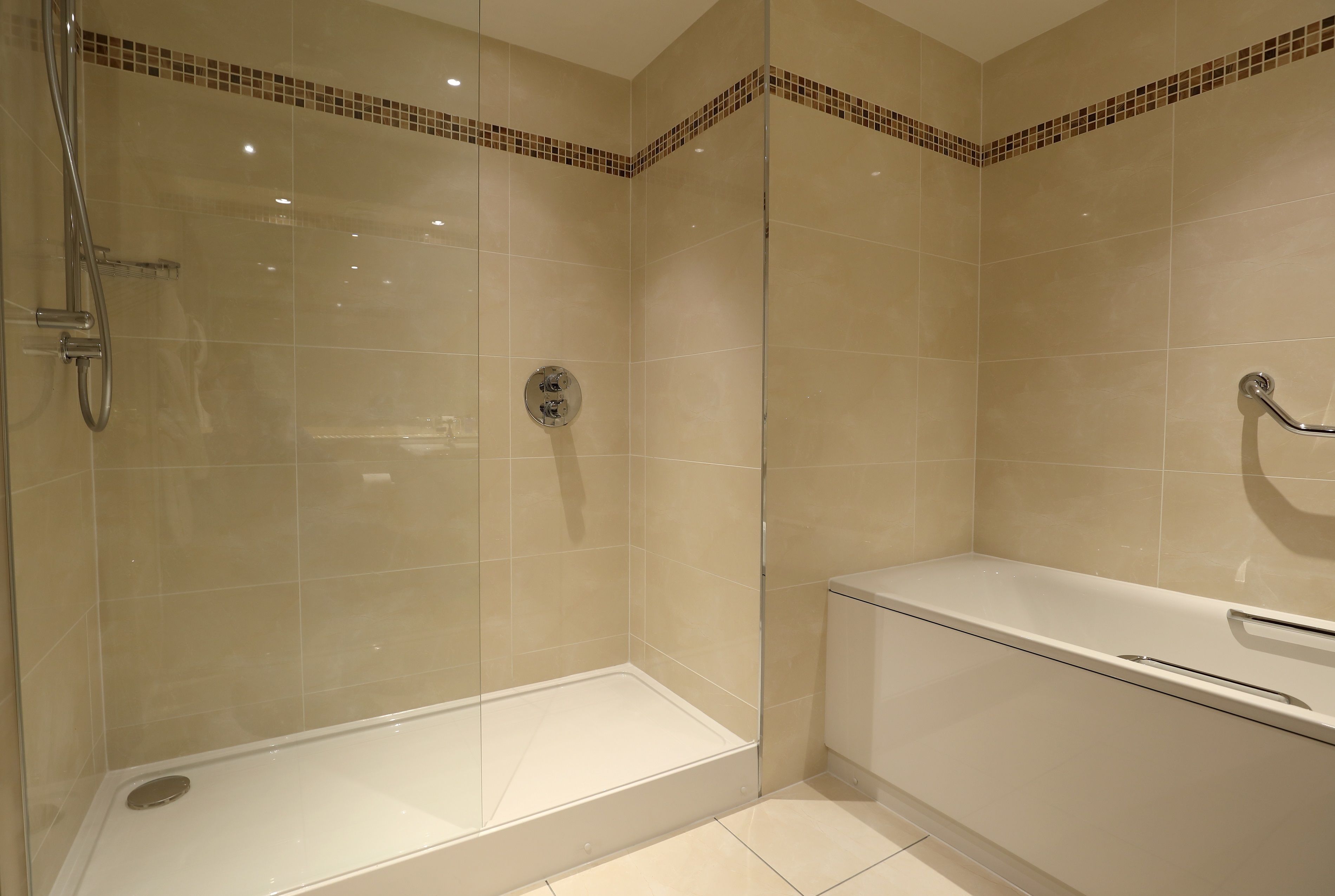 combined shower/bathtub, free toiletries, hair dryer, towels